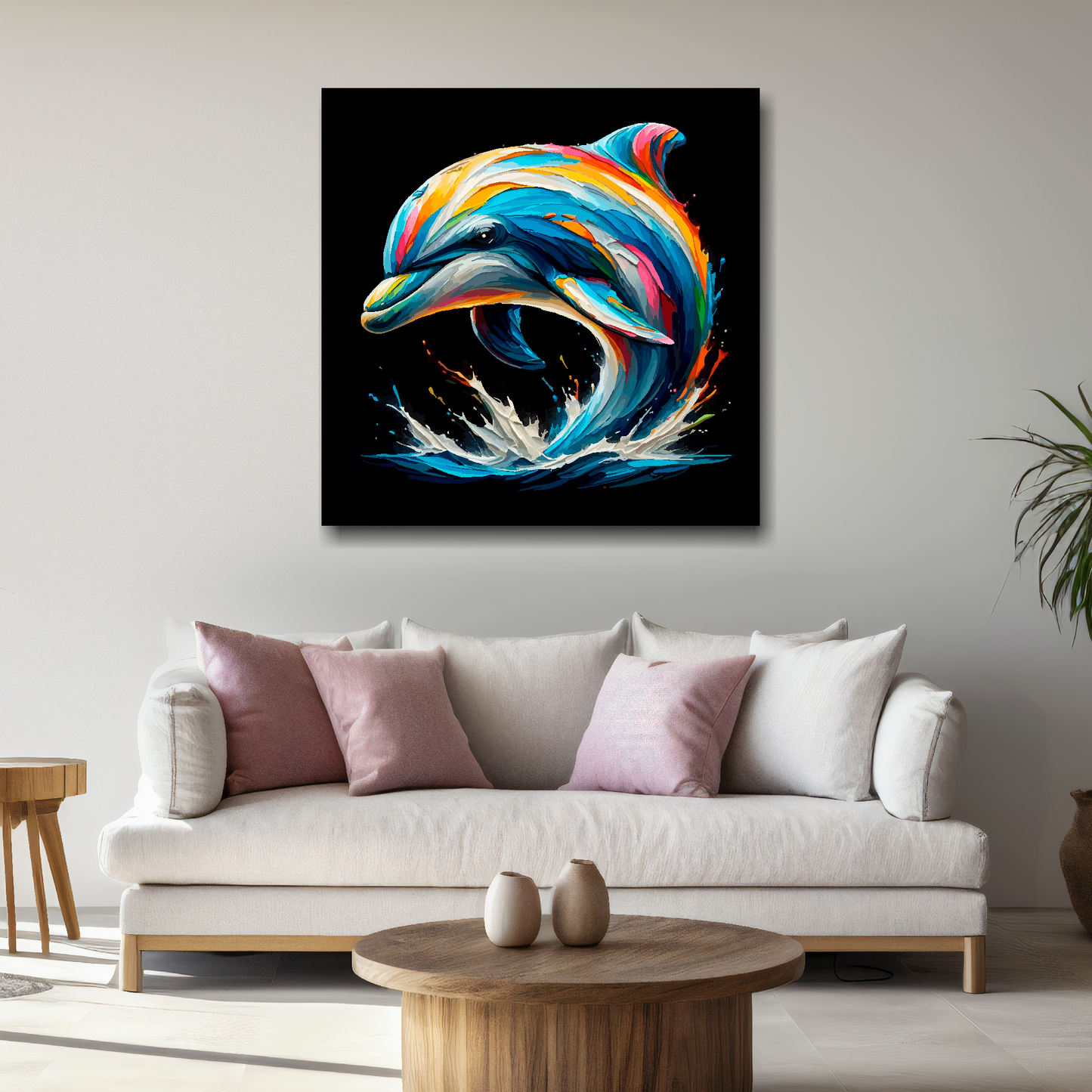 Large Dolphin canvas above white sofa - vibrant abstract wildlife portrait wall art UK