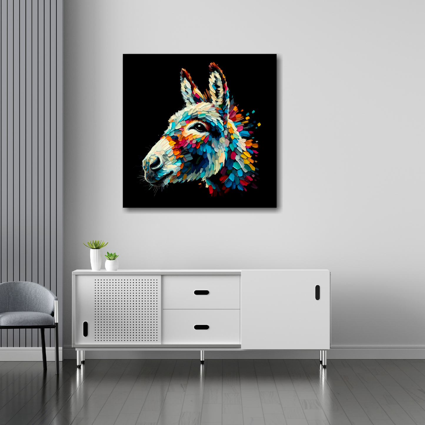 Donkey canvas 30x30 inches above sideboard - large colourful farm animal portrait UK made