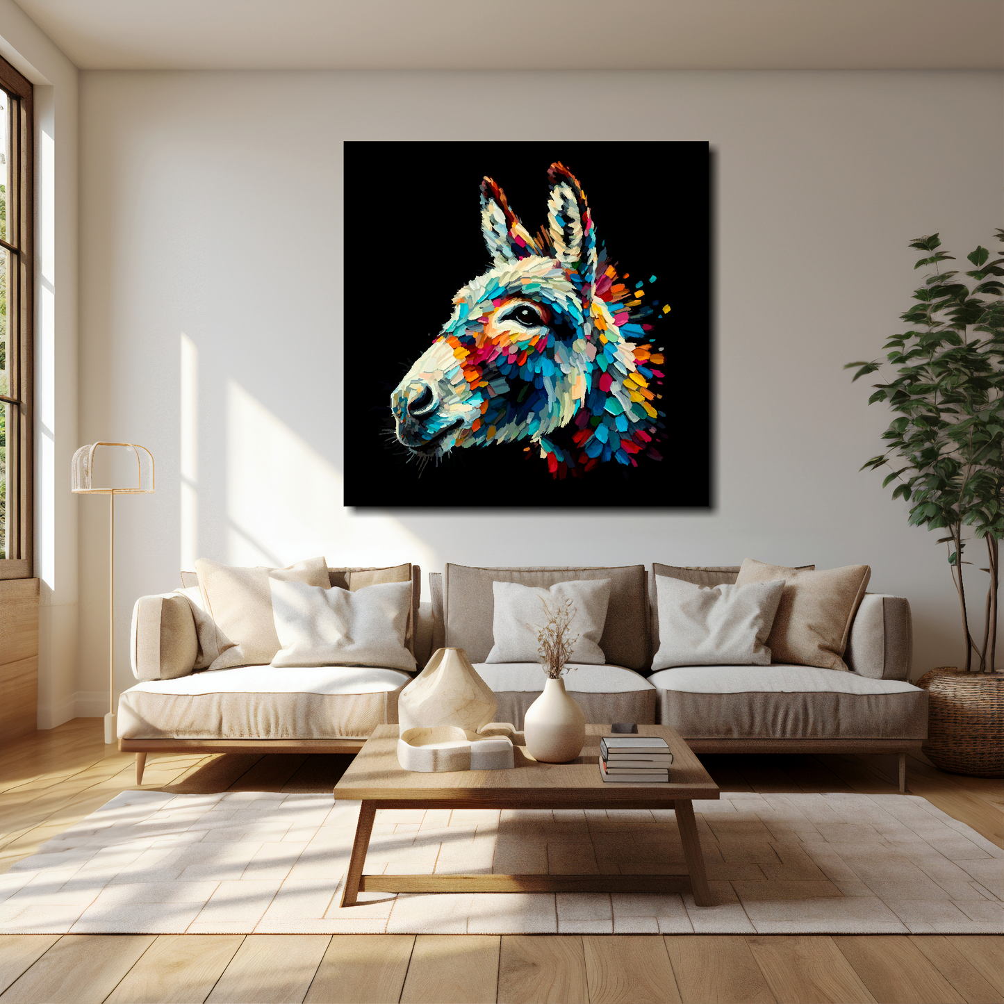 Donkey canvas 40x40 inches above cream sofa - XL vibrant farm animal wall art UK