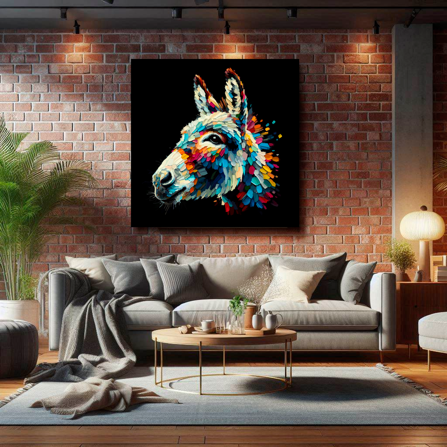 Large Donkey canvas on brick wall above grey sofa - bold farm animal portrait UK living room