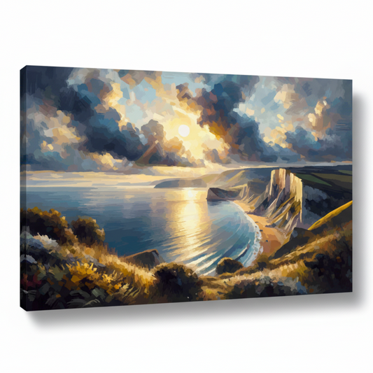 Colourful Dorset coast landscape canvas print - UK made abstract coastal wall art
