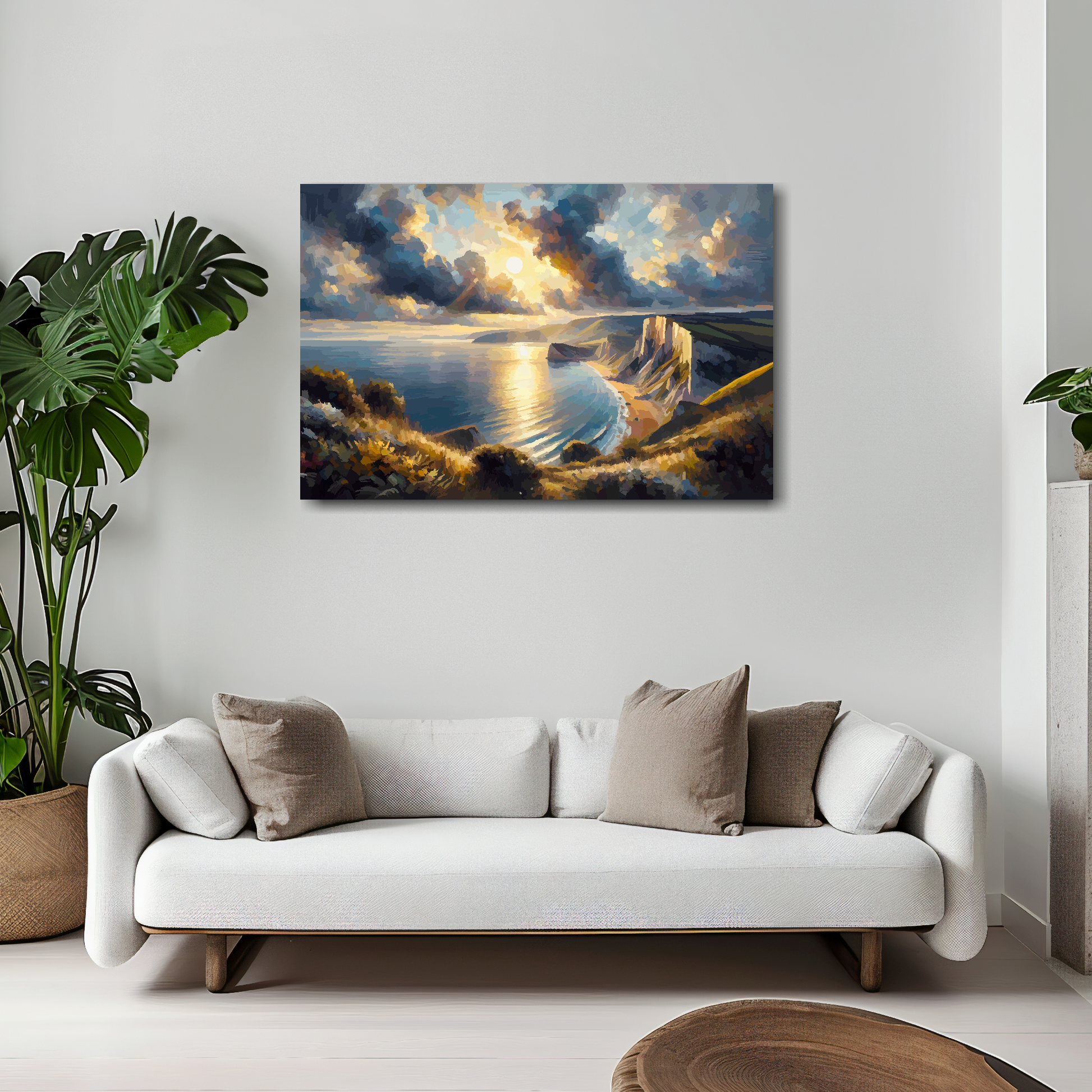 Dorset coast canvas 30x20 inches above white sofa - vibrant UK coastal wall art
