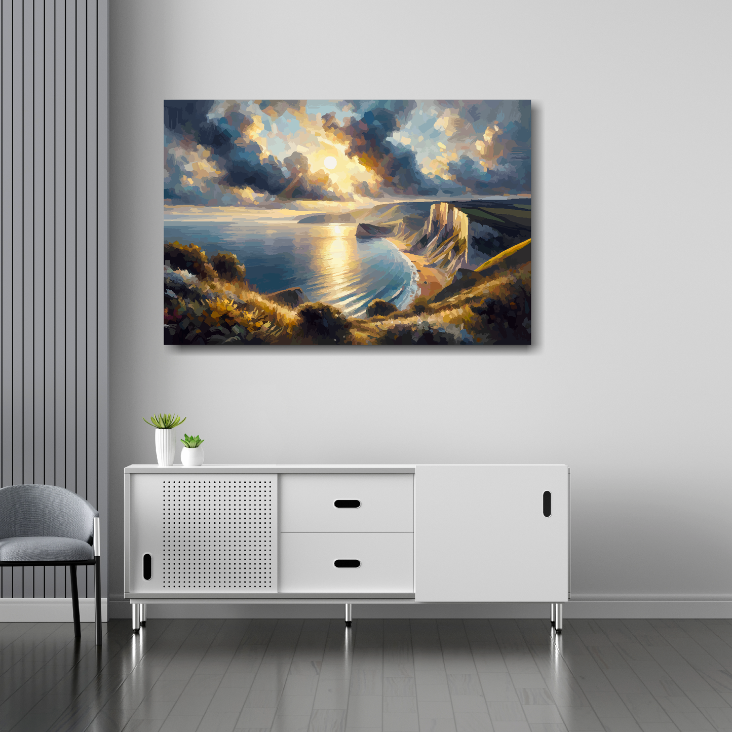 Dorset coast canvas 36x24 inches above sideboard - large colourful UK coastal art made in Britain
