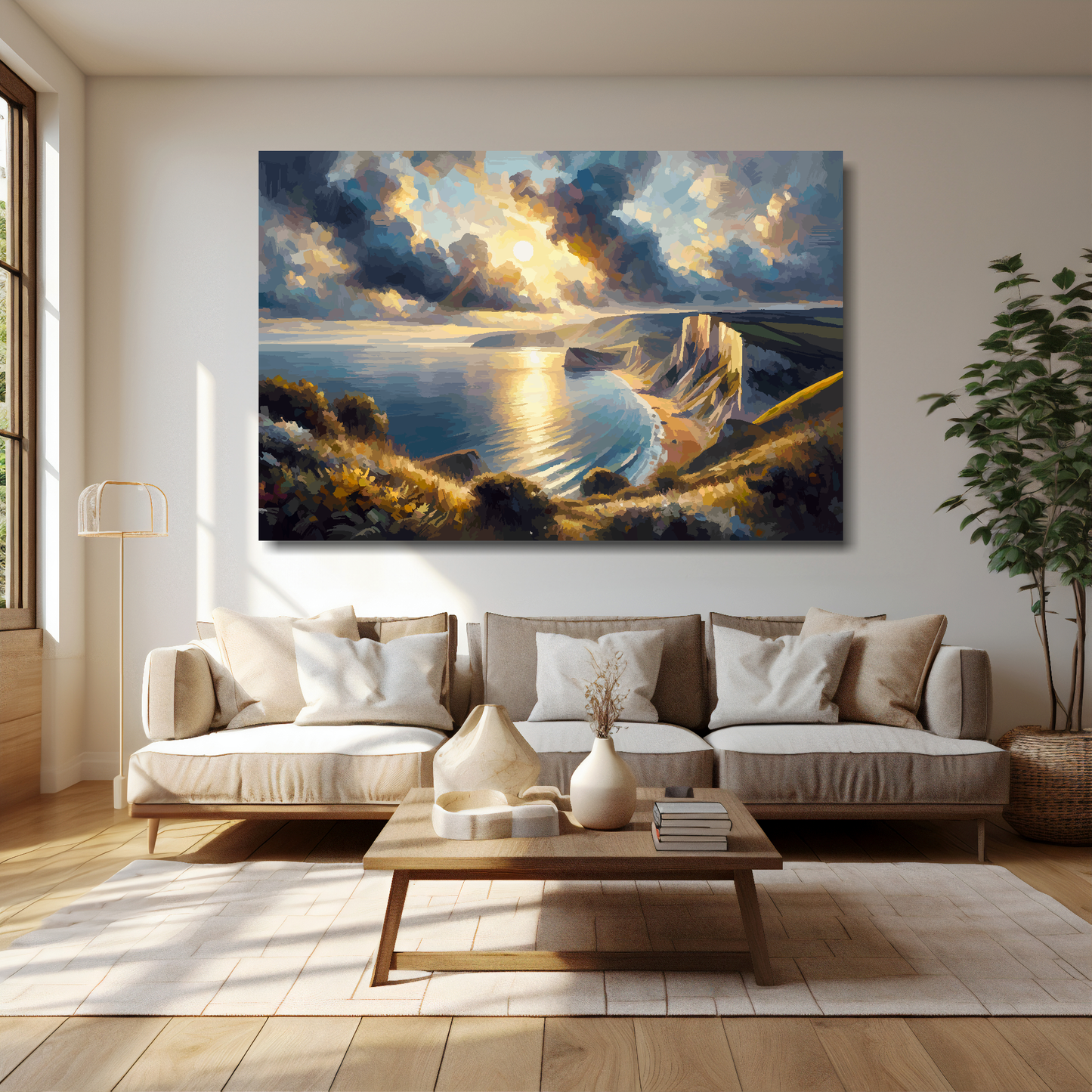 Dorset coast canvas 60x40 inches above cream sofa - XL vibrant UK coastal wall art
