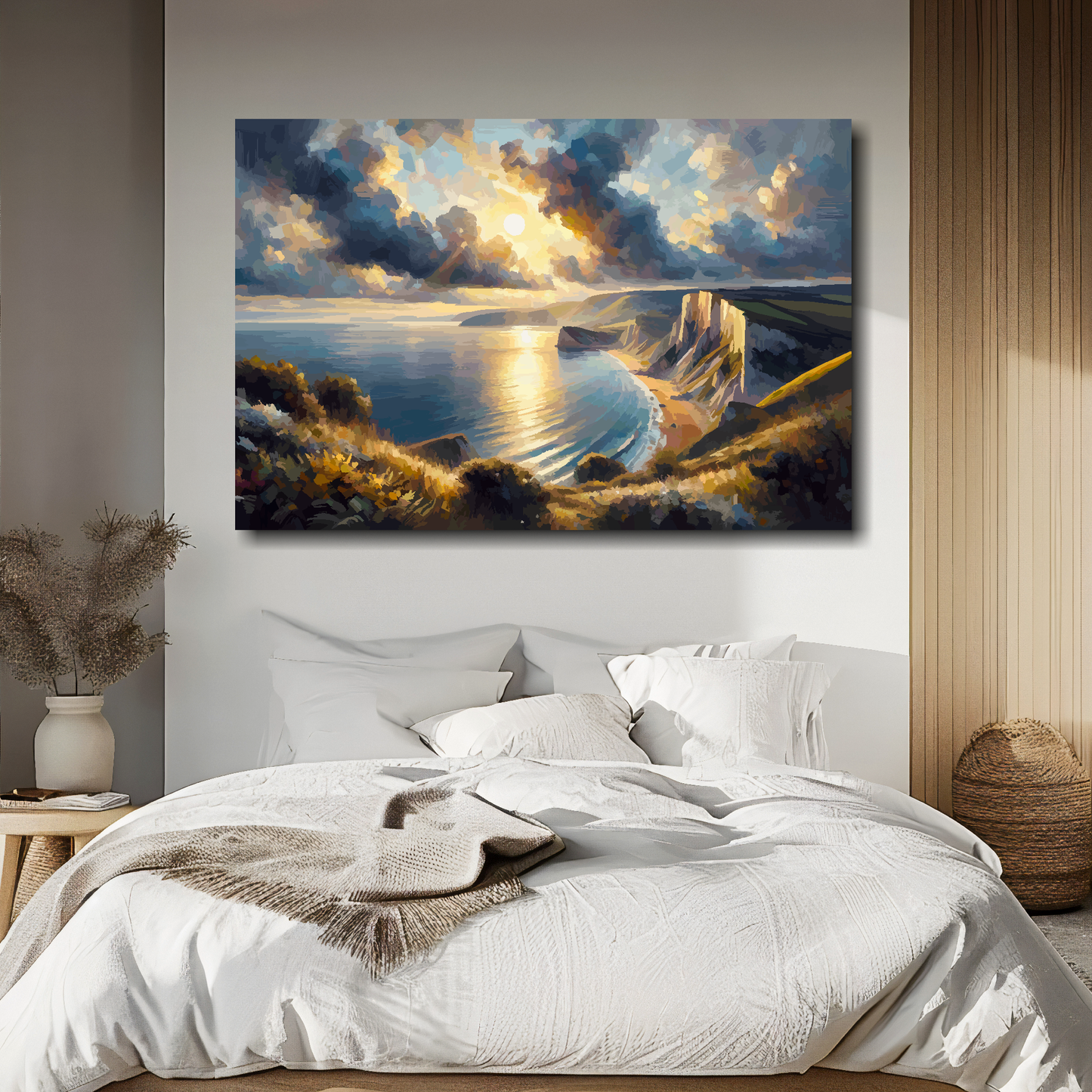 Dorset coast canvas above bed - colourful UK coastal wall decor for bedrooms
