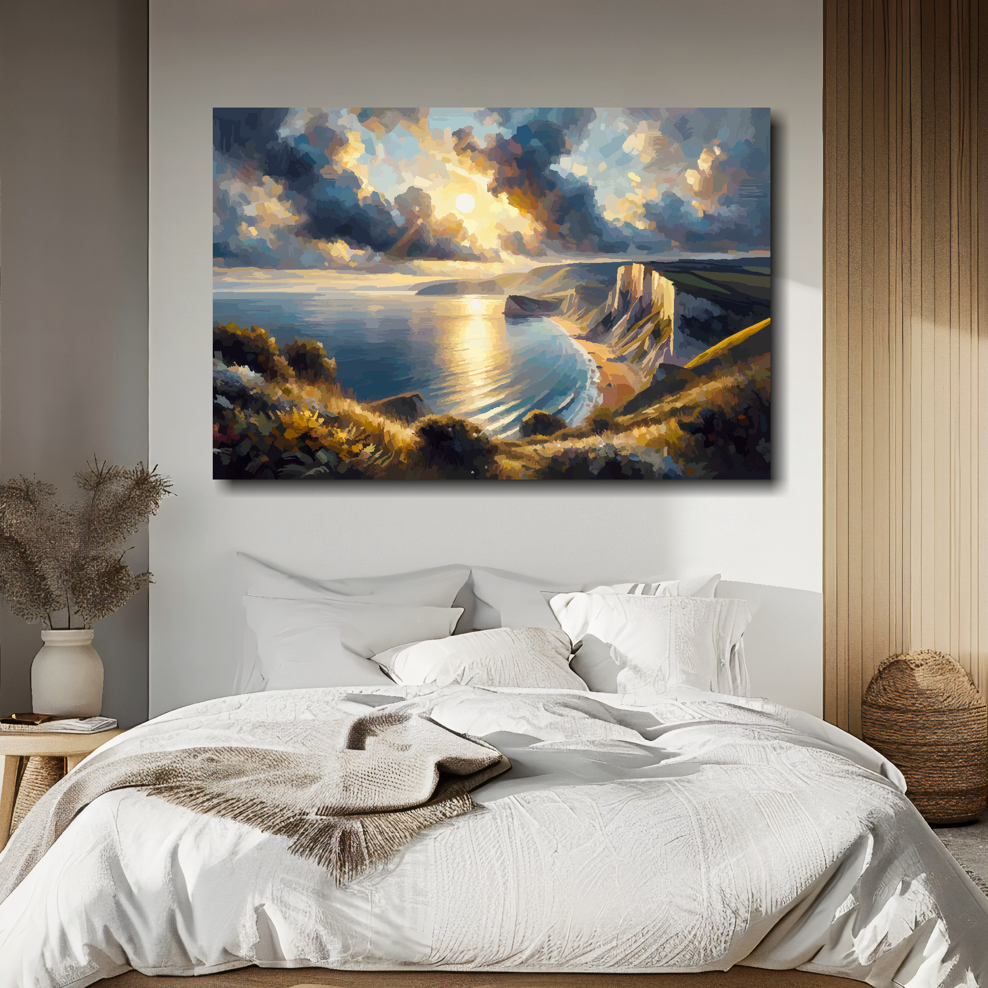 Dorset coast canvas above bed - colourful UK coastal wall decor for bedrooms