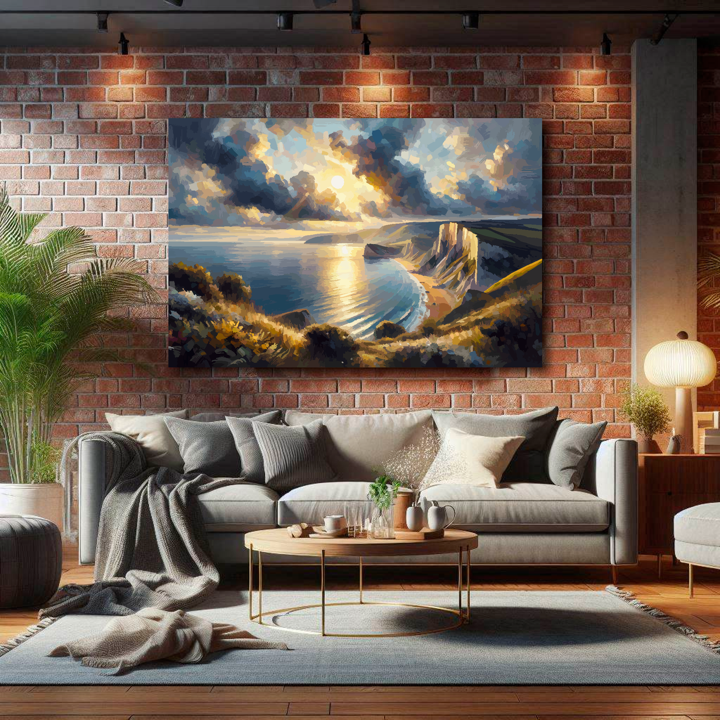 Large Dorset coast canvas on brick wall above grey sofa - bold UK coastal art living room