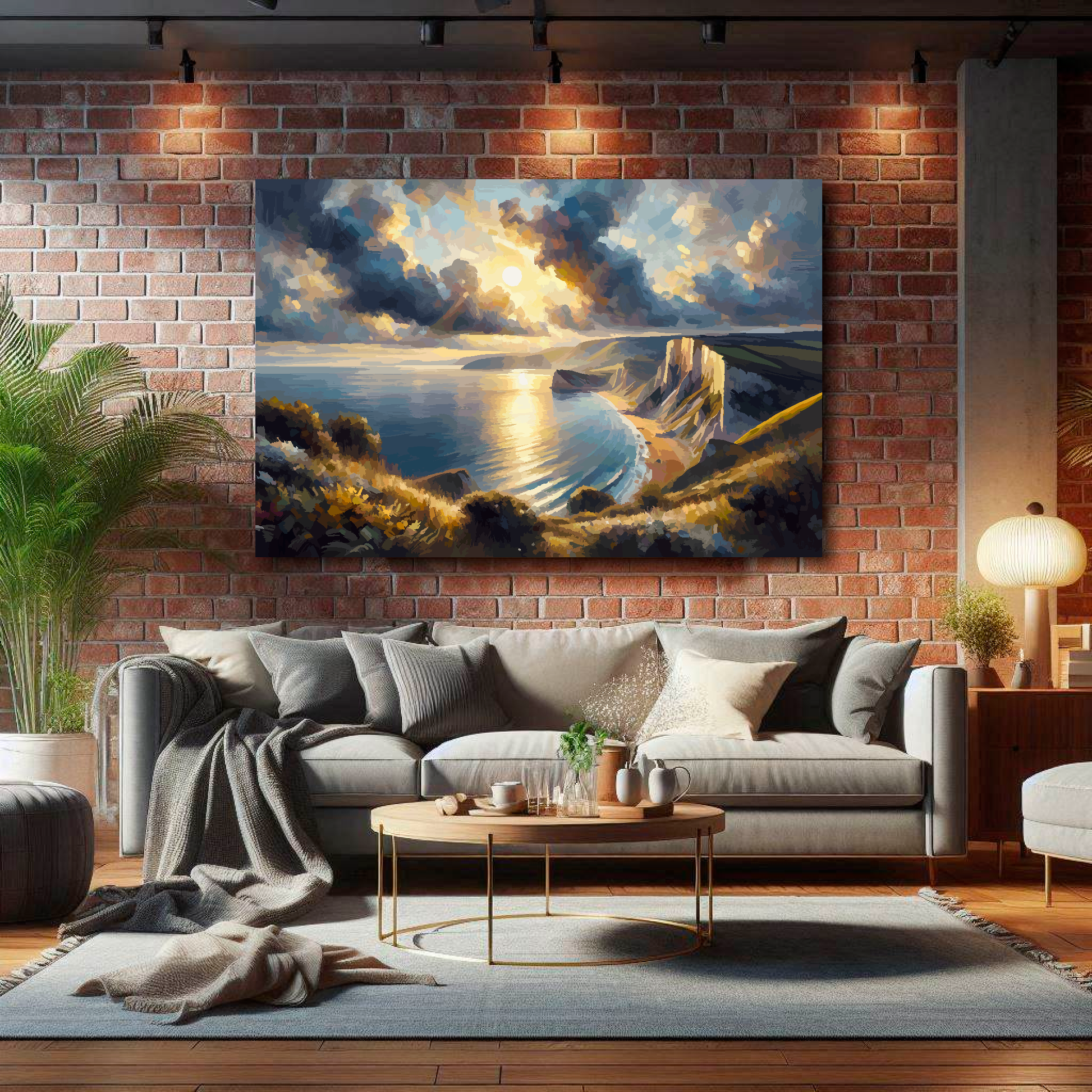 Large Dorset coast canvas on brick wall above grey sofa - bold UK coastal art living room