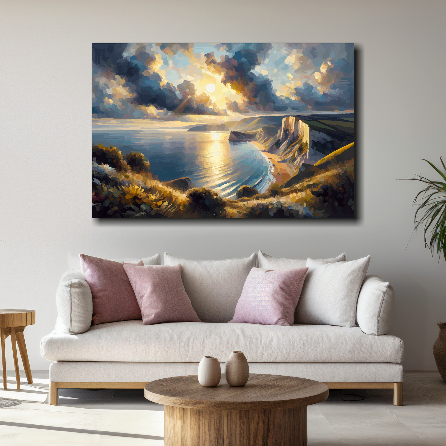 Large Dorset coast canvas above white sofa - vibrant abstract UK coastal wall art