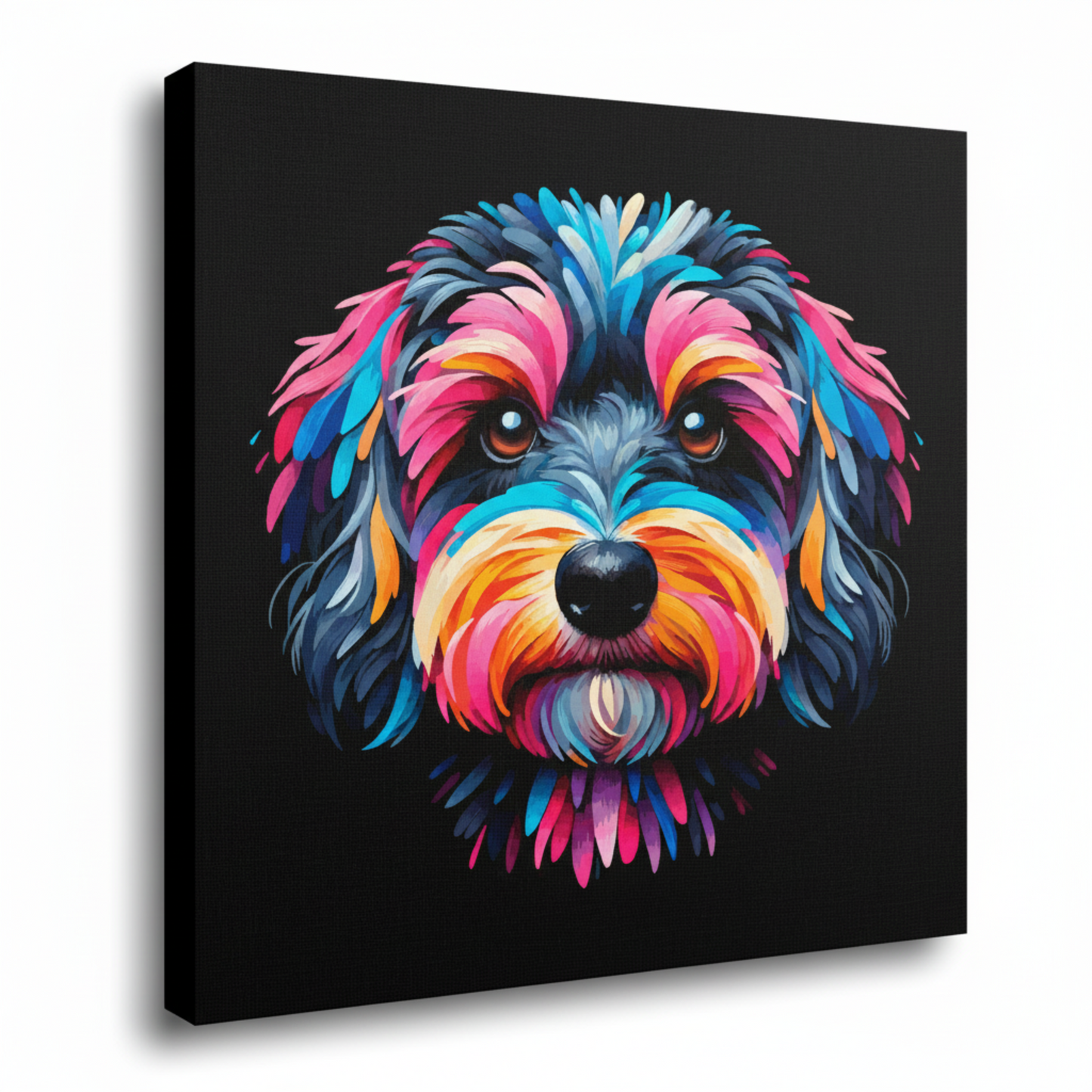 Colourful Doxiepoo dog portrait canvas print - UK made abstract pet wall art black background