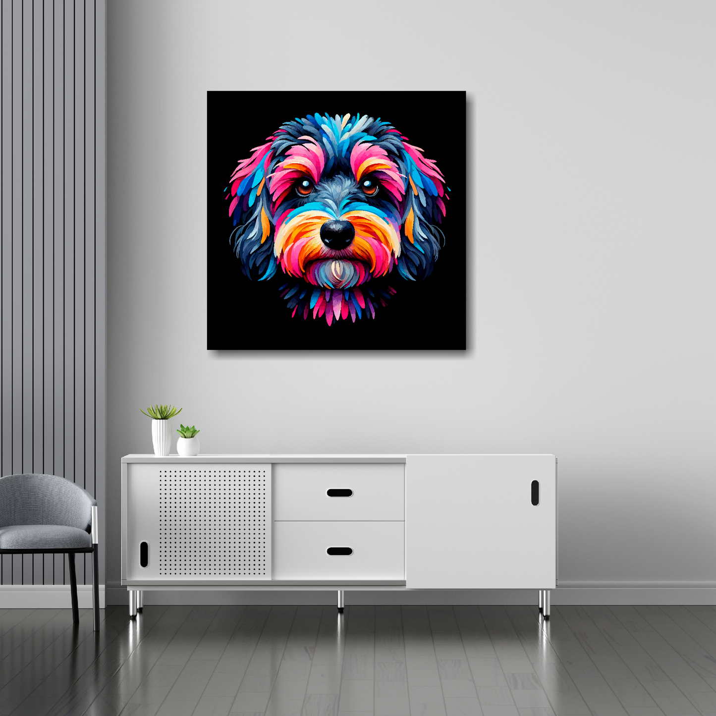 Doxiepoo canvas 30x30 inches above sideboard - large colourful dog portrait UK made