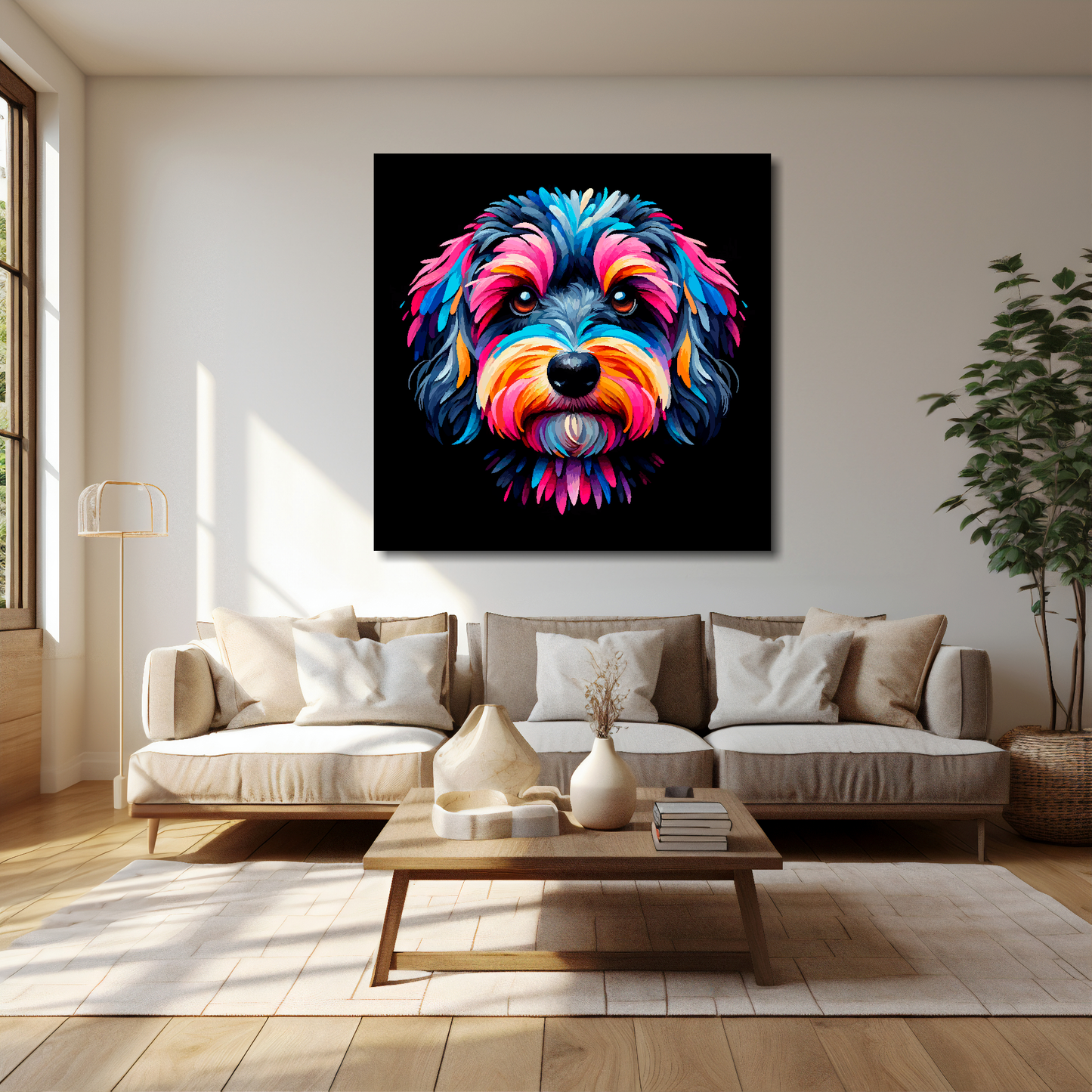 Doxiepoo canvas 40x40 inches above cream sofa - XL vibrant dog wall art UK