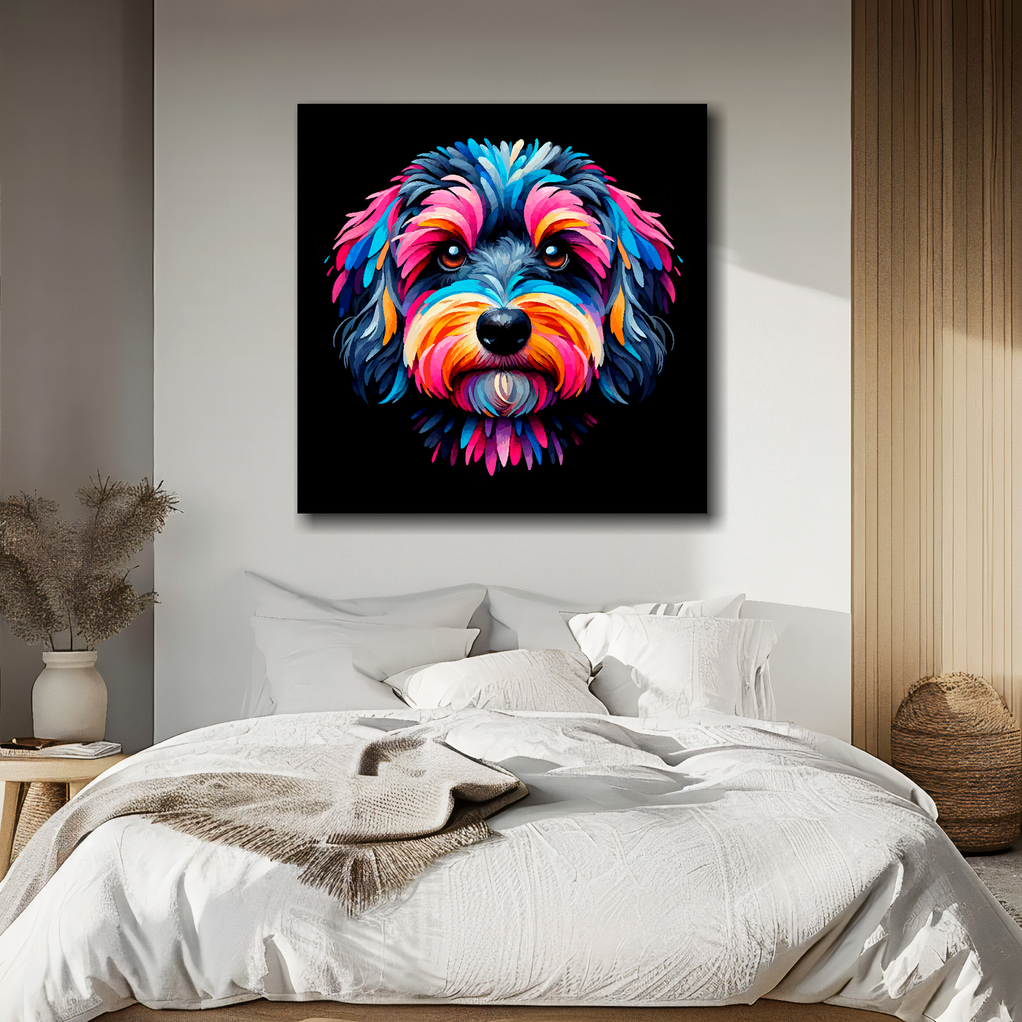 Doxiepoo portrait canvas above bed - colourful dog wall decor for UK bedrooms