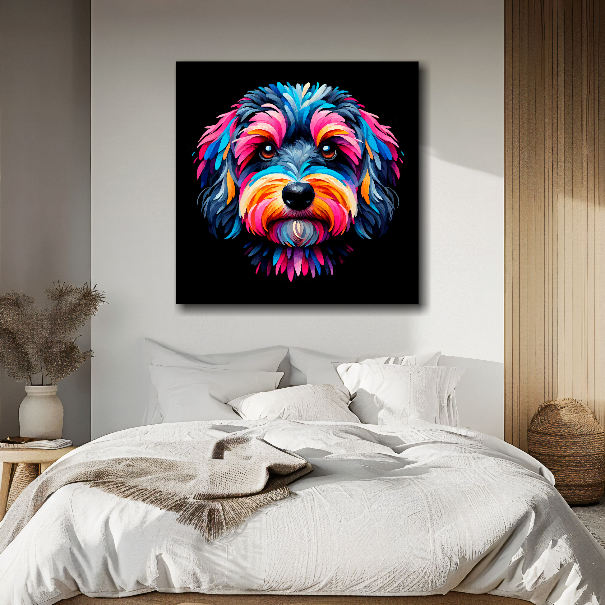 Doxiepoo portrait canvas above bed - colourful dog wall decor for UK bedrooms