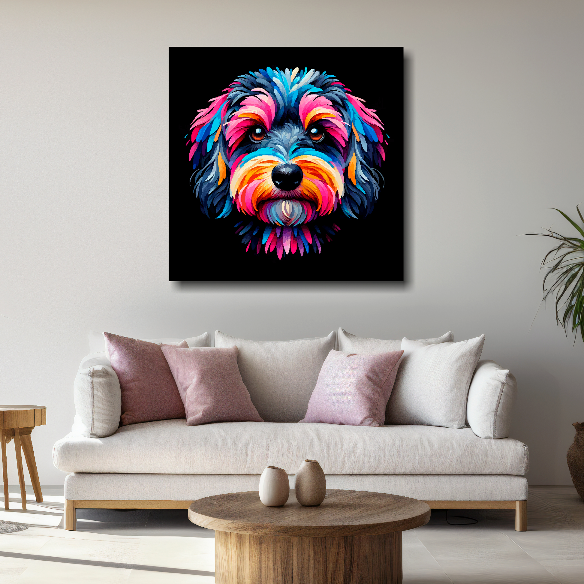 Large Doxiepoo canvas above white sofa - vibrant abstract dog portrait wall art UK