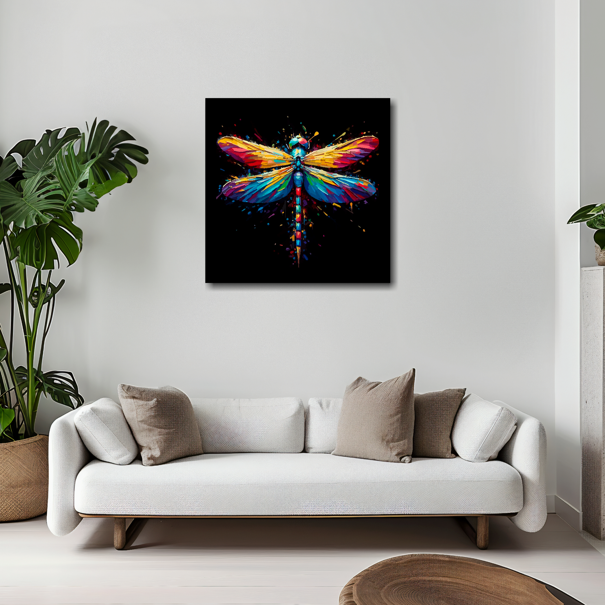 Dragonfly canvas 20x20 inches above white sofa - vibrant insect portrait wall art UK