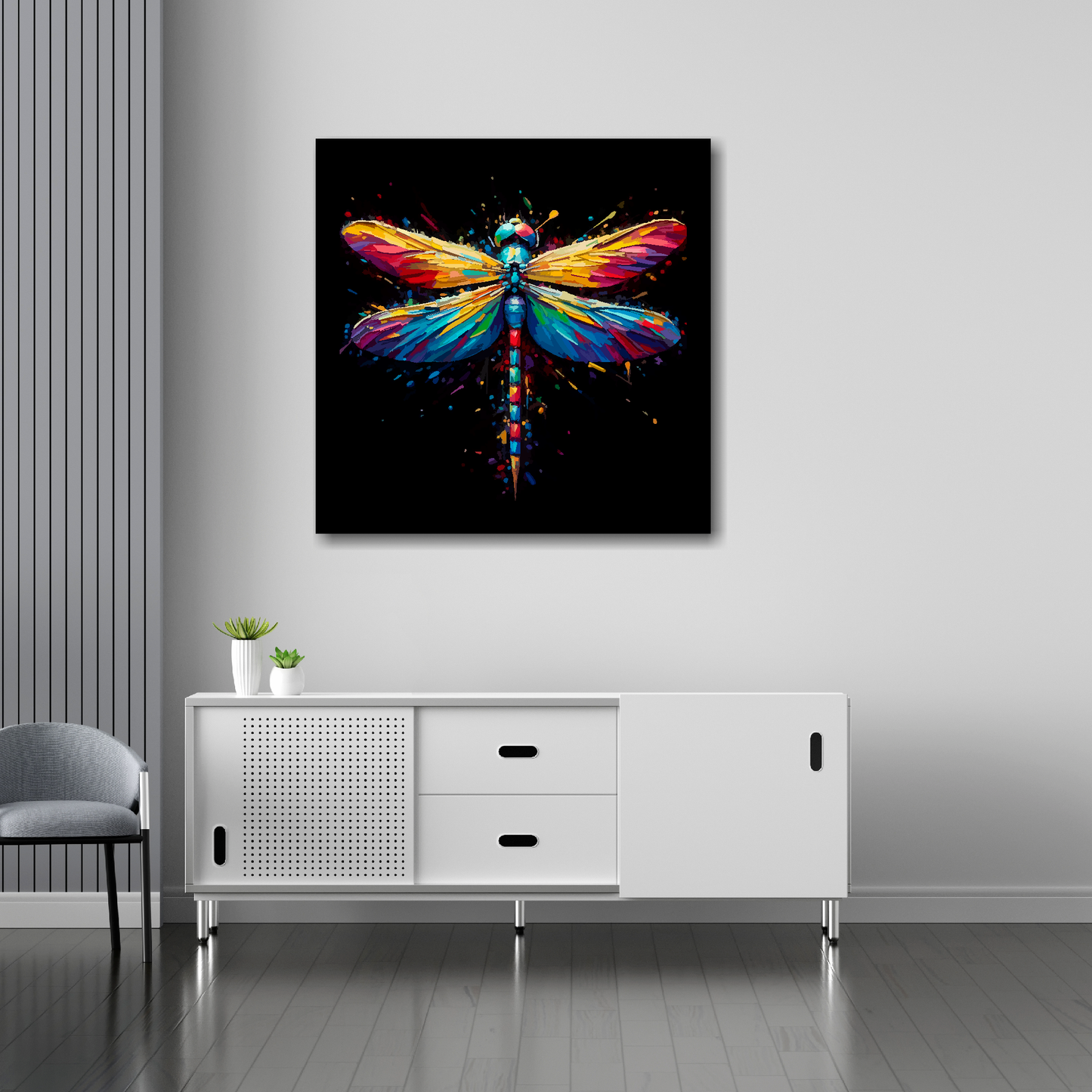 Dragonfly canvas 30x30 inches above sideboard - large colourful insect portrait UK made
