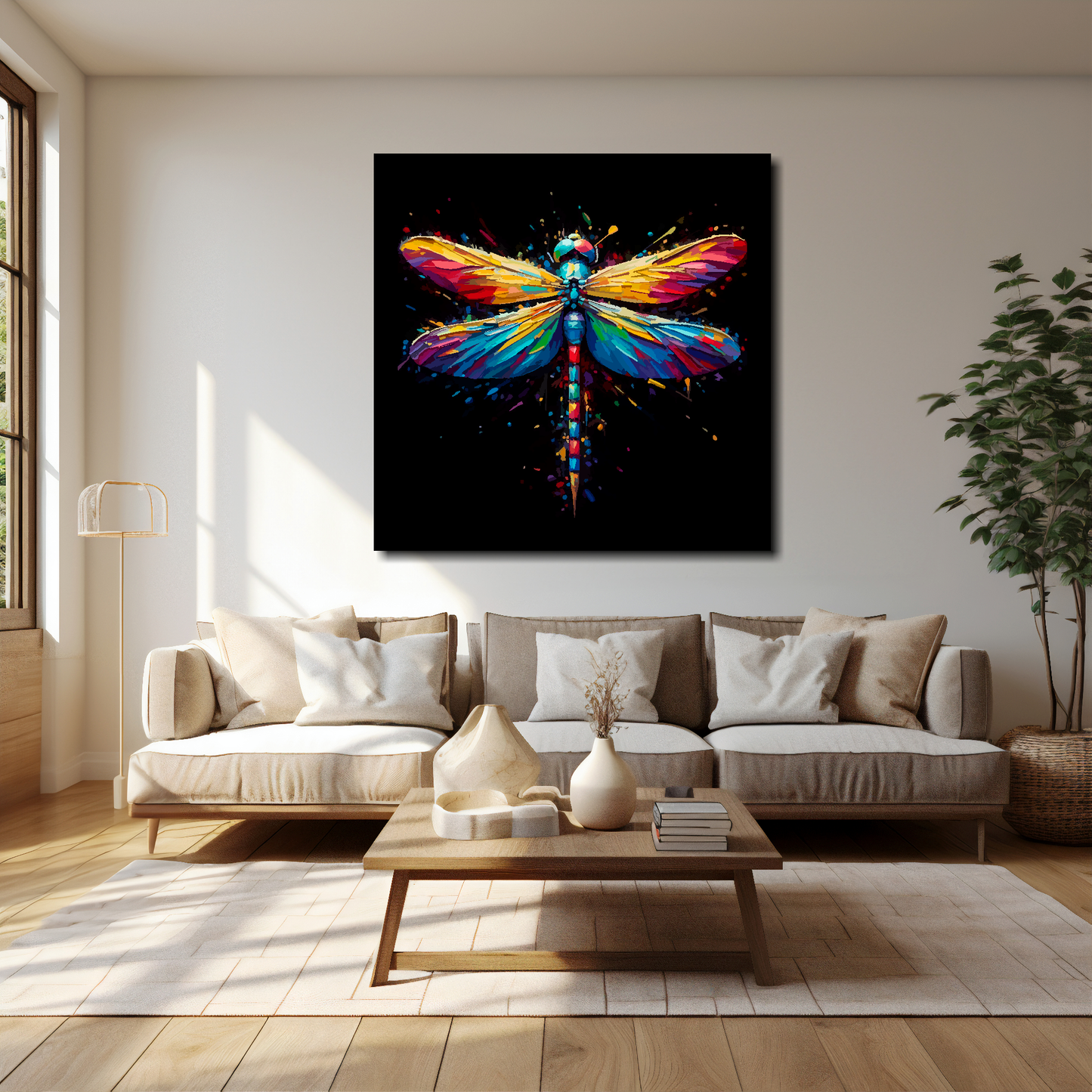 Dragonfly canvas 40x40 inches above cream sofa - XL vibrant insect wall art UK