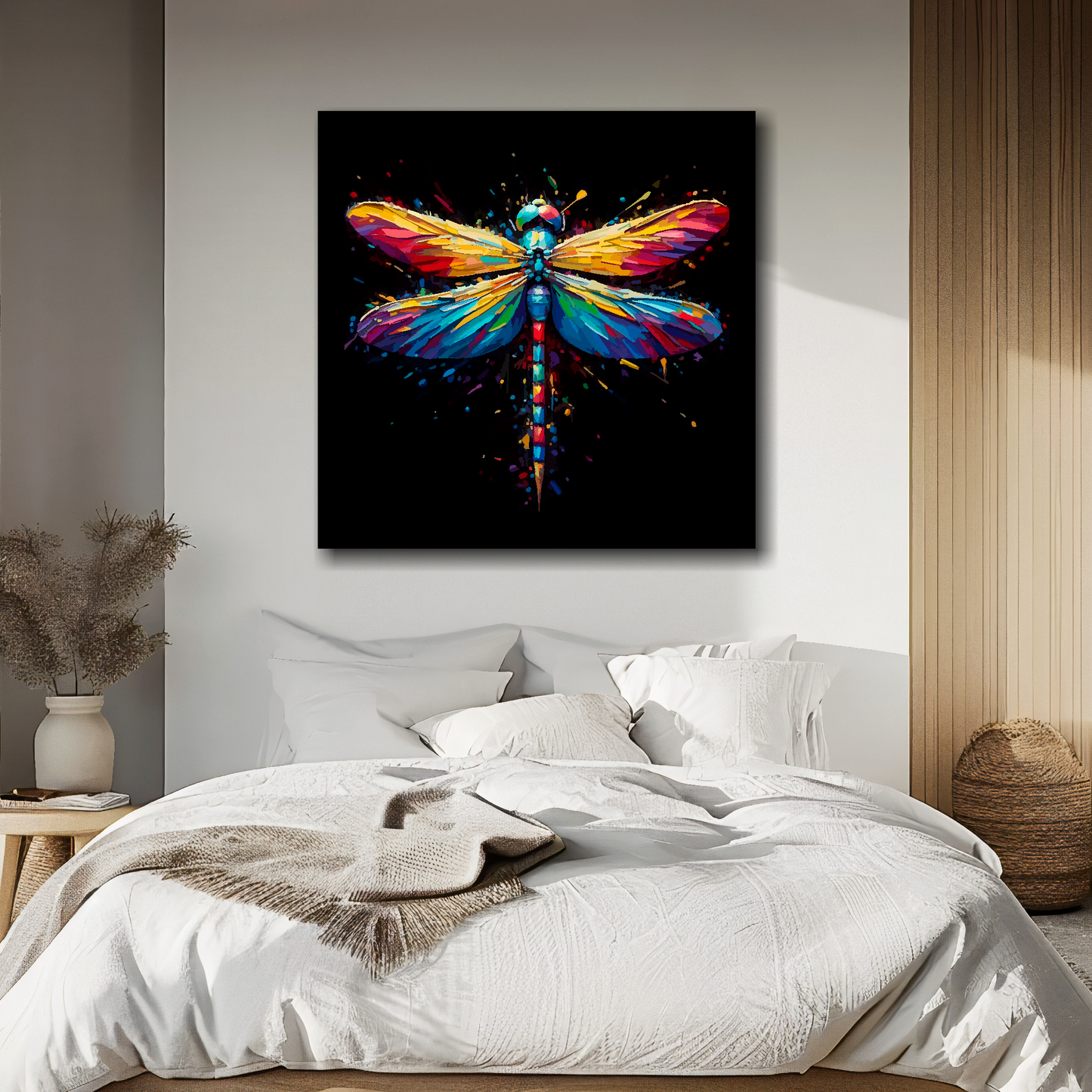 Dragonfly portrait canvas above bed - colourful insect wall decor for UK bedrooms