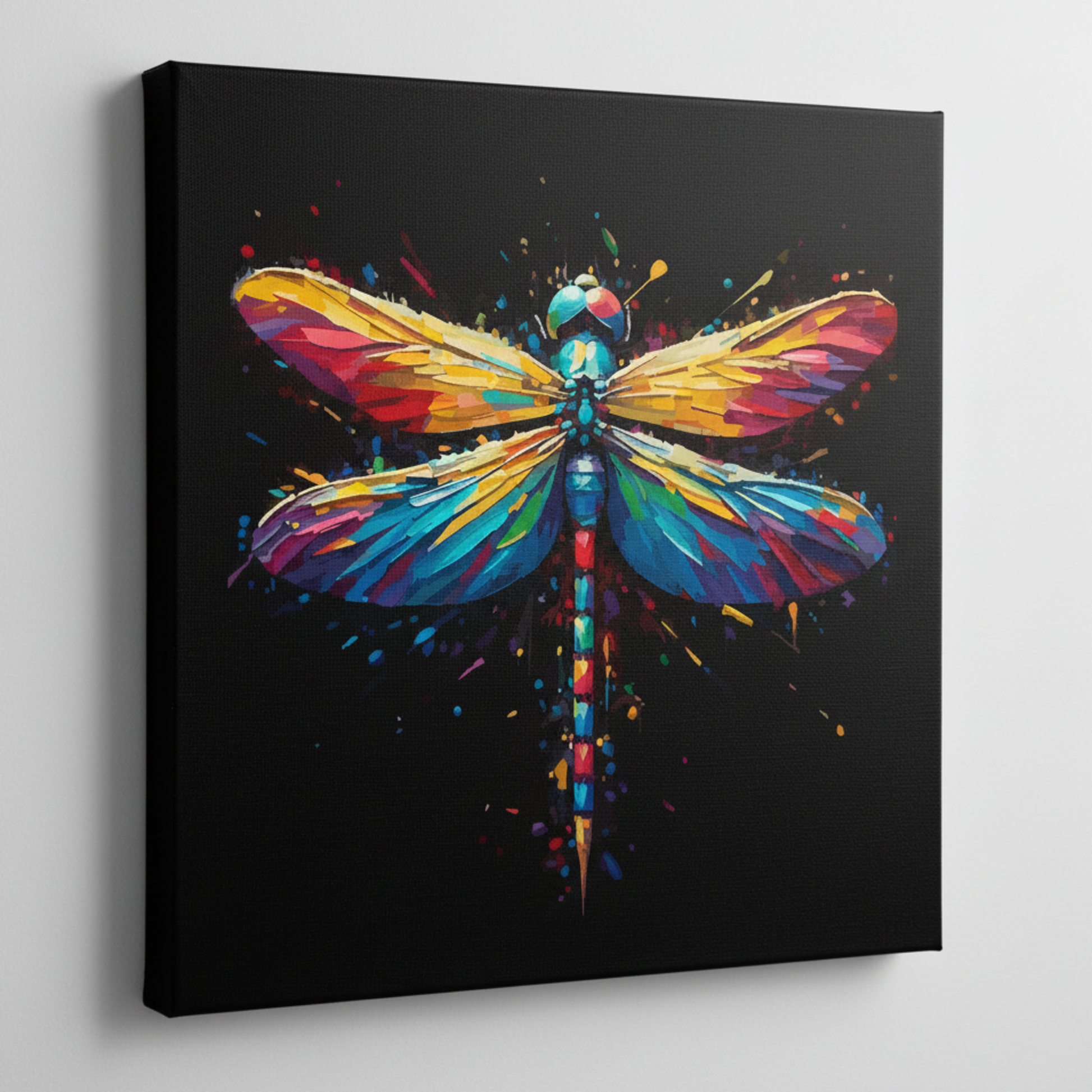 Colourful Dragonfly insect portrait canvas print - UK made abstract wildlife wall art black background