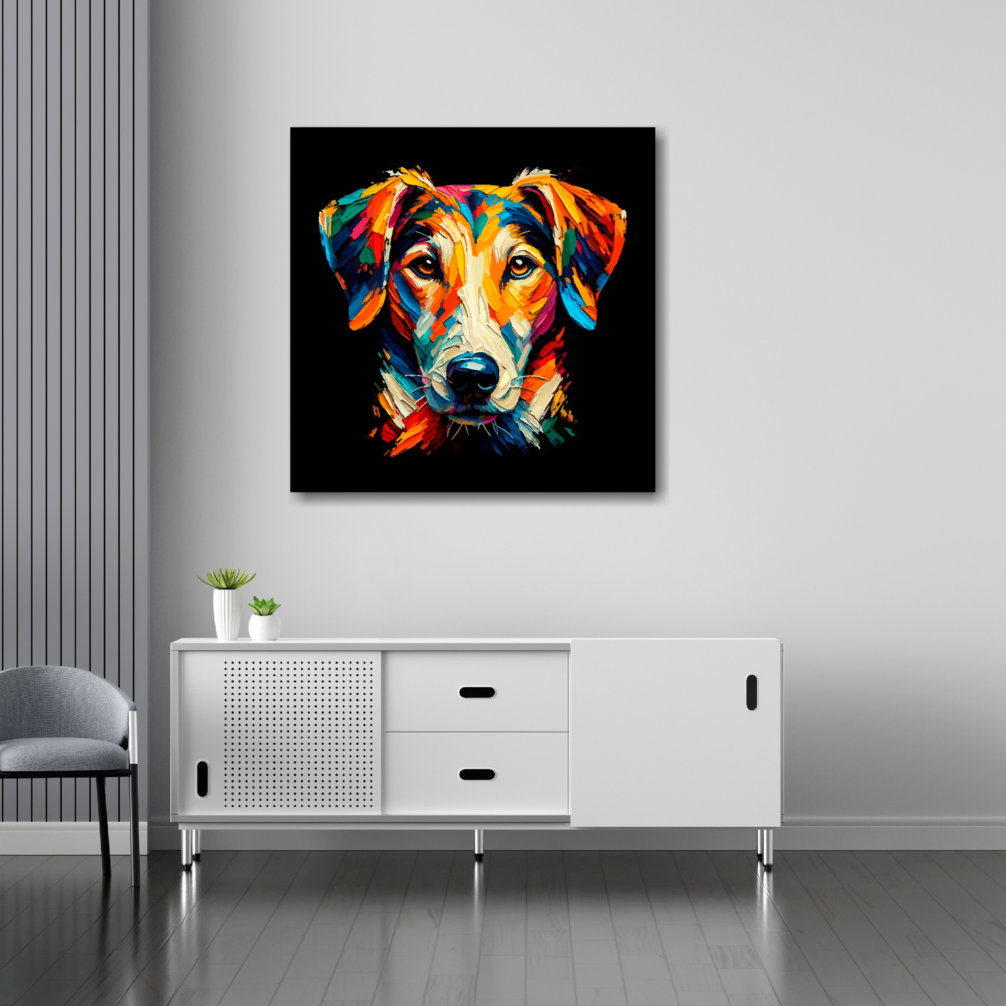 English Foxhound canvas 30x30 inches above sideboard - large colourful dog portrait UK made