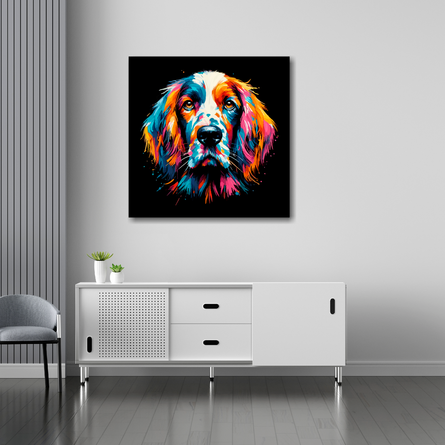 English Setter canvas 30x30 inches above sideboard - large colourful dog portrait UK made