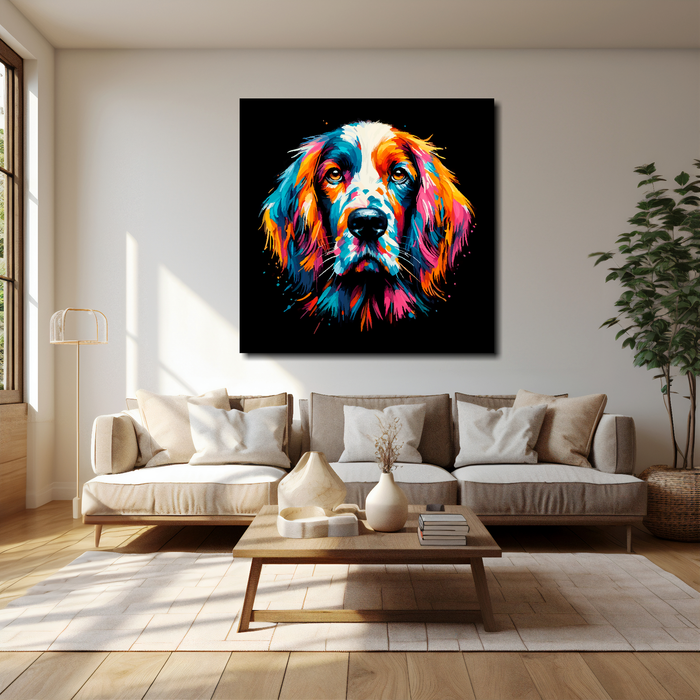English Setter canvas 40x40 inches above cream sofa - XL vibrant dog wall art UK