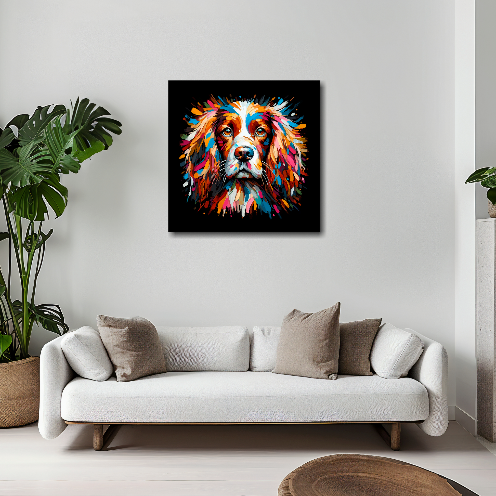 English Springer Spaniel canvas 20x20 inches above white sofa - vibrant dog portrait wall art UK