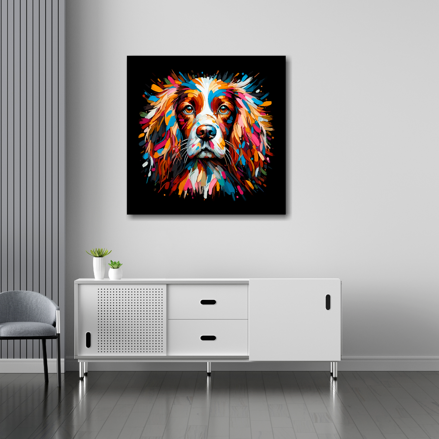 English Springer Spaniel canvas 30x30 inches above sideboard - large colourful dog portrait UK made