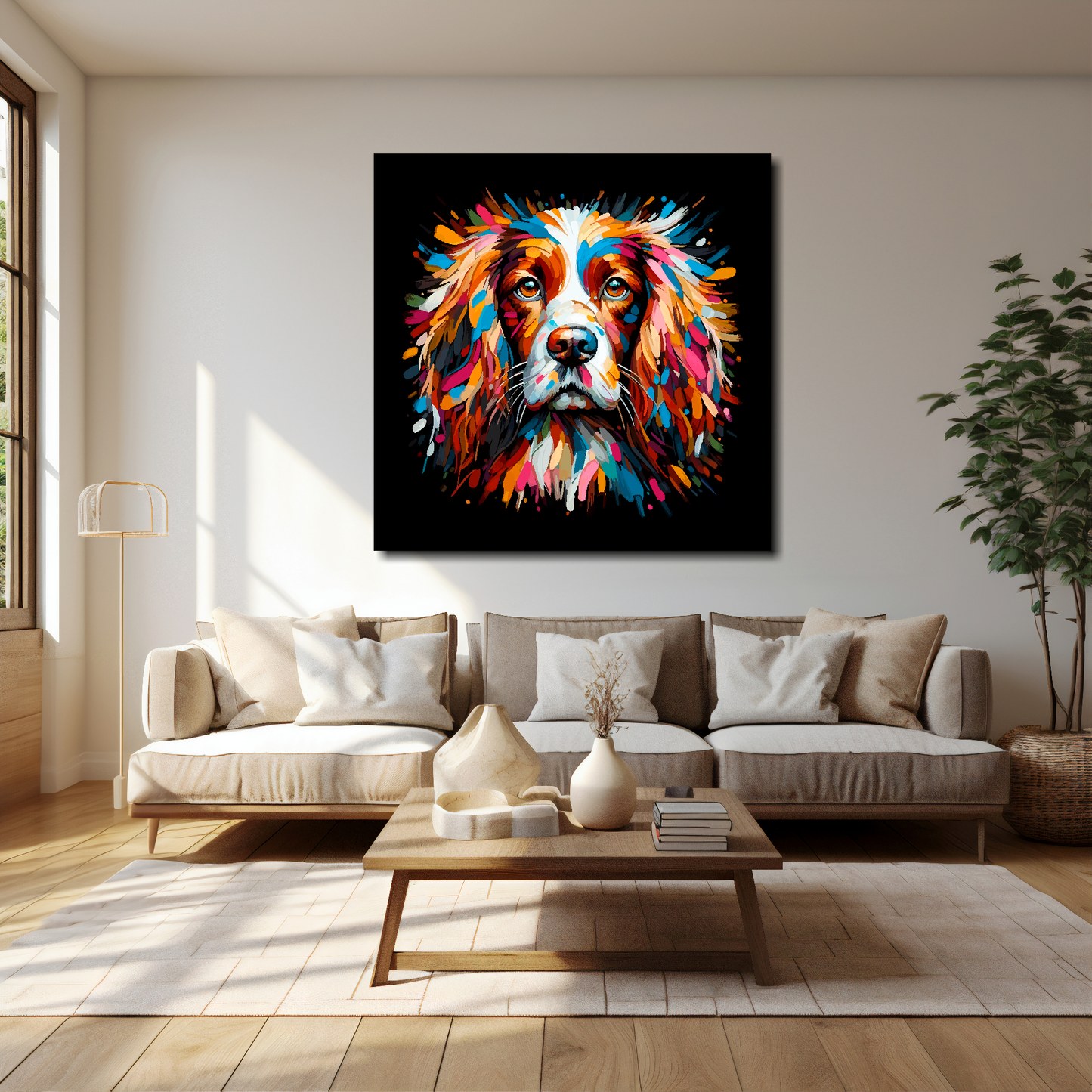 English Springer Spaniel canvas 40x40 inches above cream sofa - XL vibrant dog wall art UK