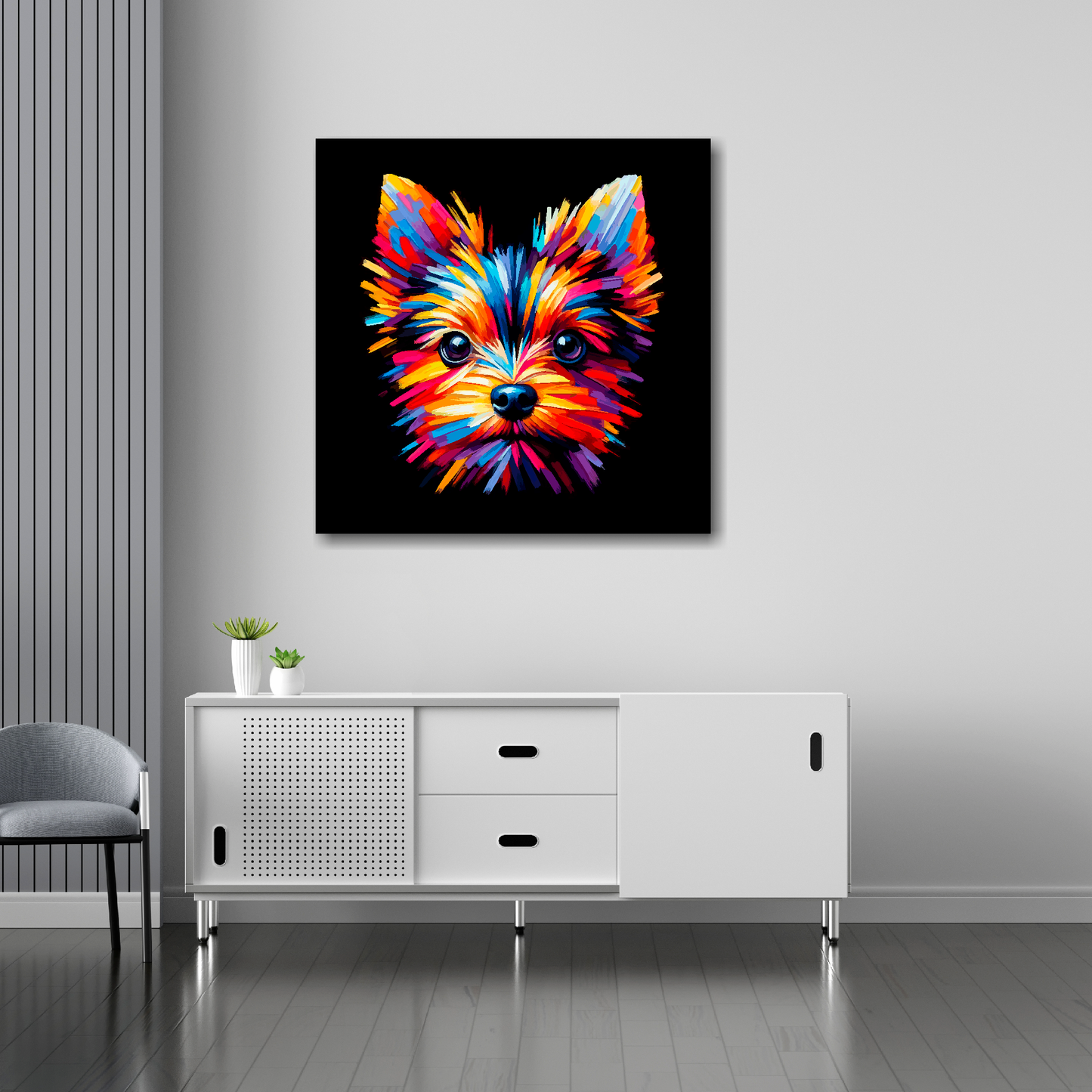 English Toy Terrier canvas 30x30 inches above sideboard - large colourful dog portrait UK made