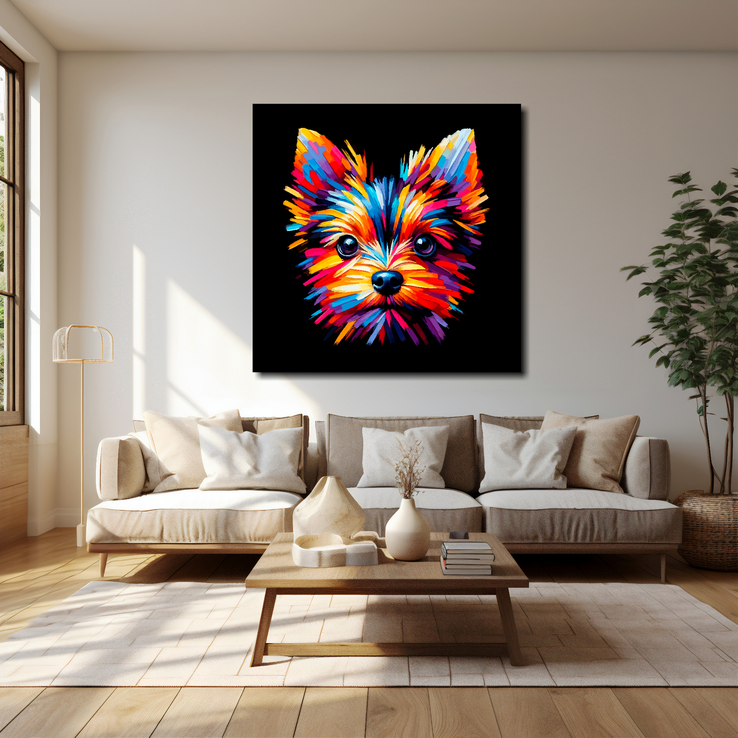 English Toy Terrier canvas 40x40 inches above cream sofa - XL vibrant dog wall art UK