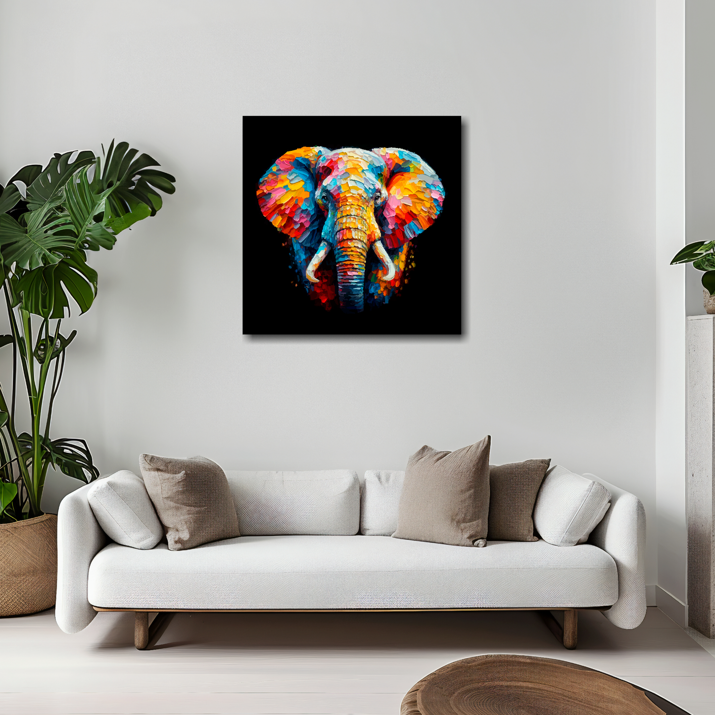 Elephant canvas 20x20 inches above white sofa - vibrant wildlife portrait wall art UK