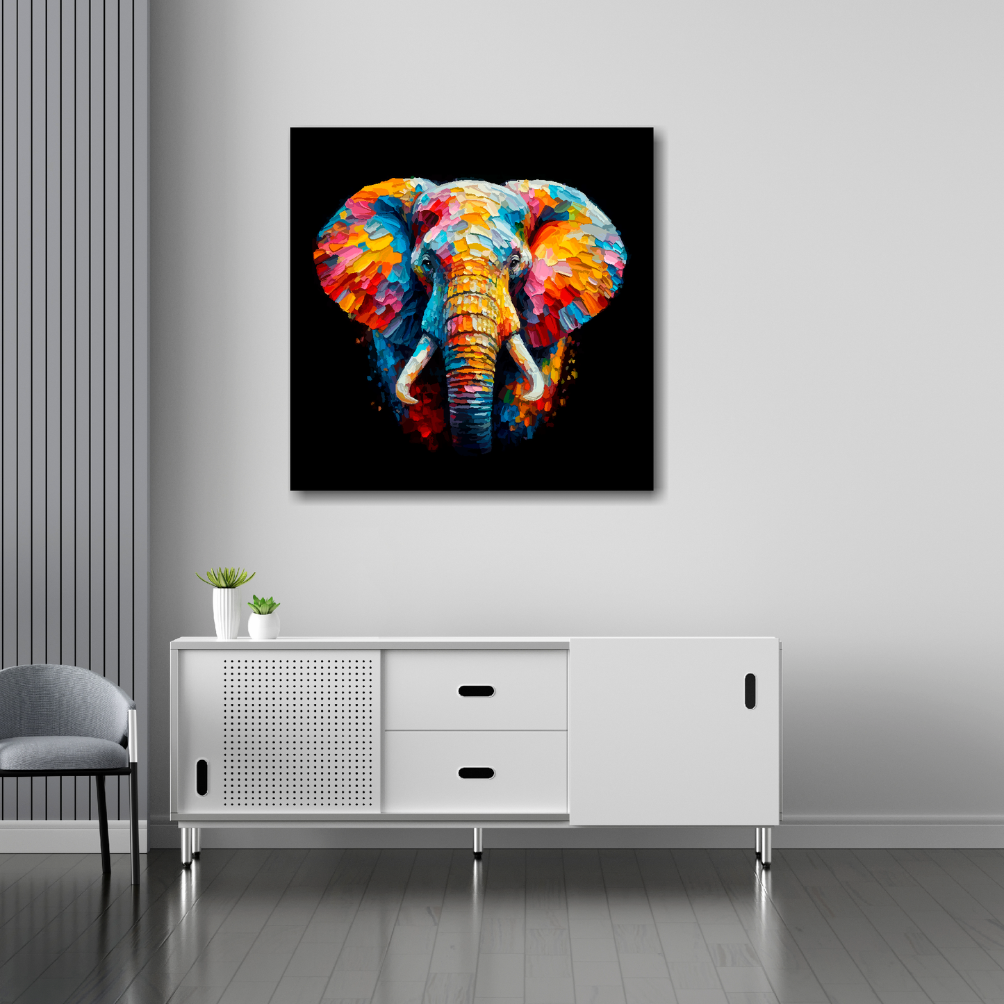 Elephant canvas 30x30 inches above sideboard - large colourful wildlife portrait UK made