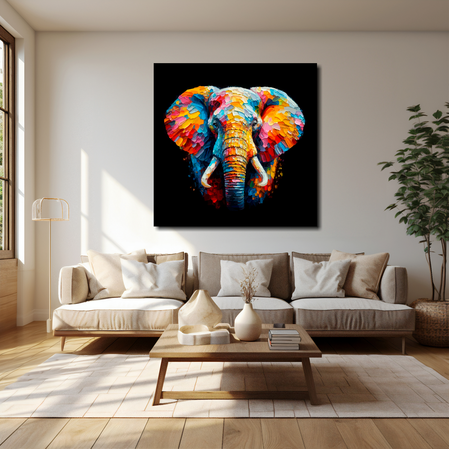 Elephant canvas 40x40 inches above cream sofa - XL vibrant wildlife wall art UK