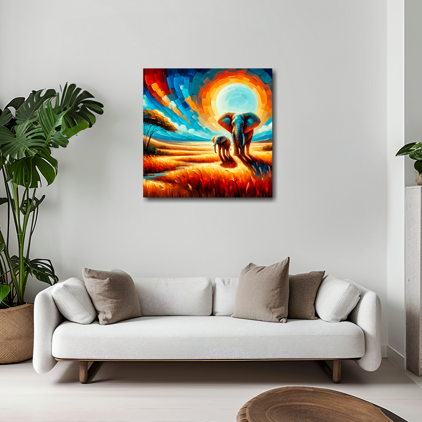 Elephant abstract canvas 20x20 inches above white sofa - vibrant wildlife wall art UK