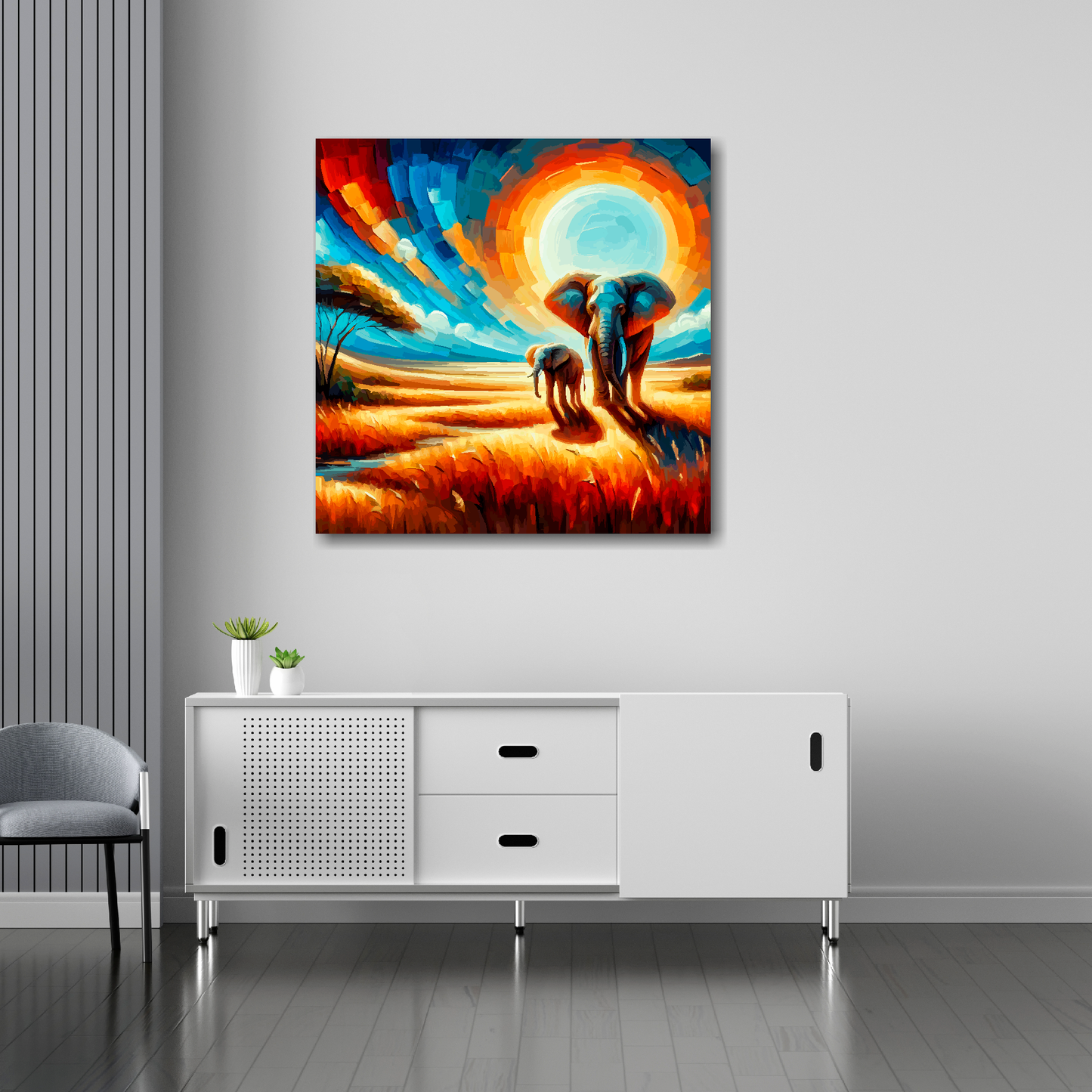 Elephant abstract canvas 30x30 inches above sideboard - large colourful wildlife art UK made