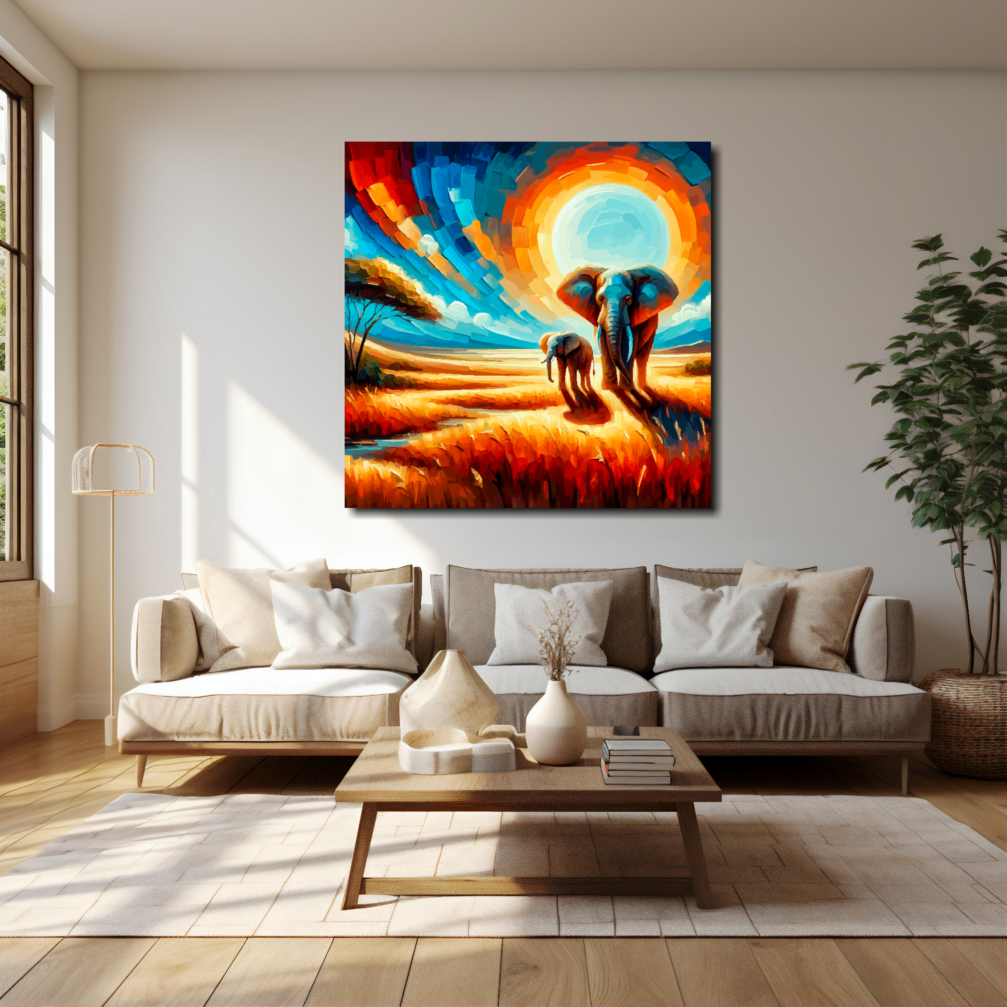 Elephant abstract canvas 40x40 inches above cream sofa - XL vibrant wildlife wall art UK