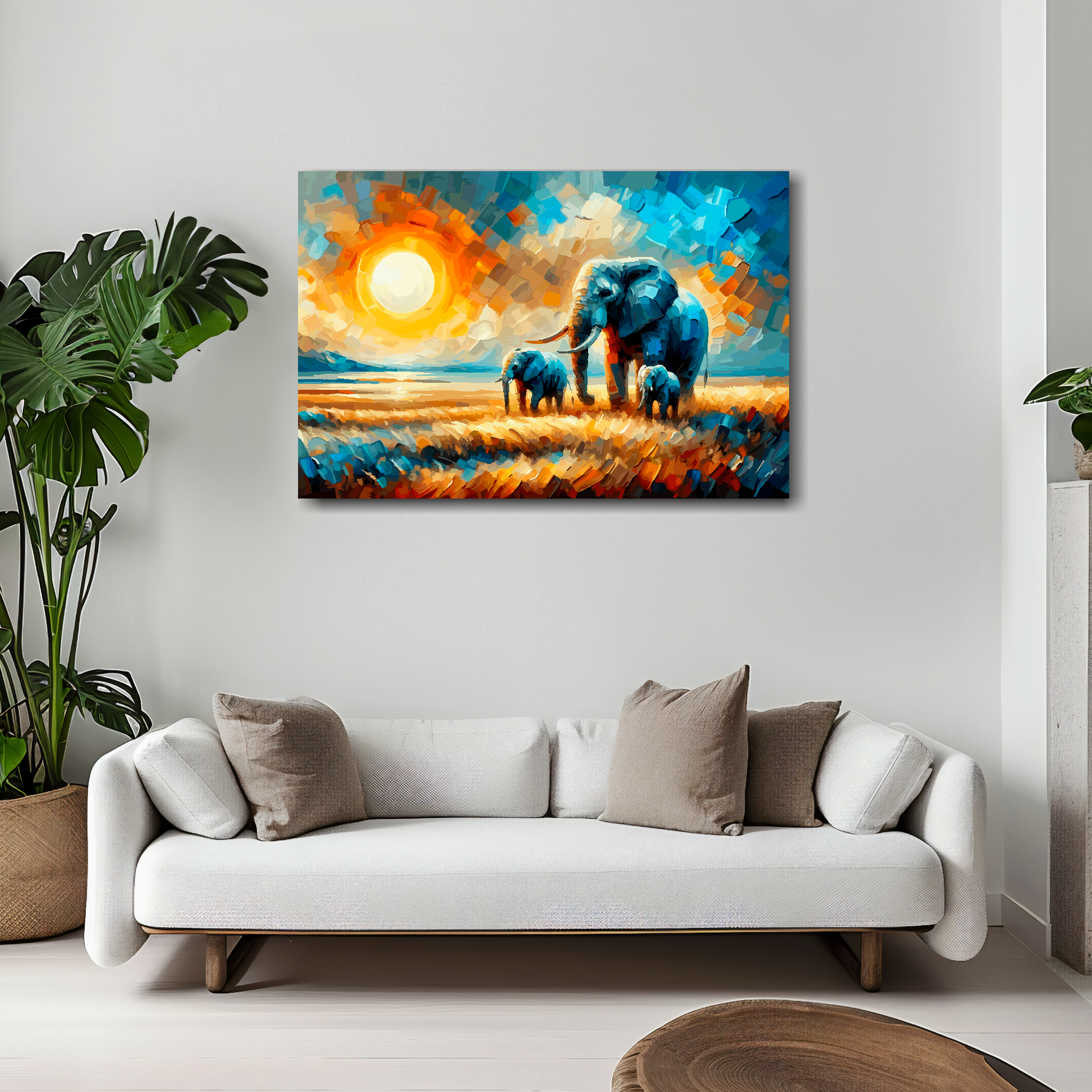 Elephant family canvas 30x20 inches above white sofa - vibrant wildlife wall art UK