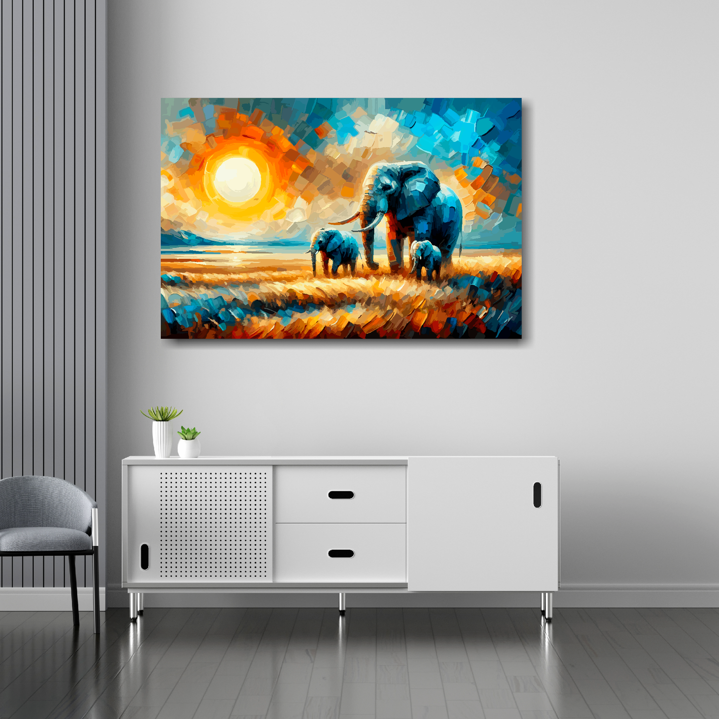 Elephant family canvas 36x24 inches above sideboard - large colourful wildlife art UK made