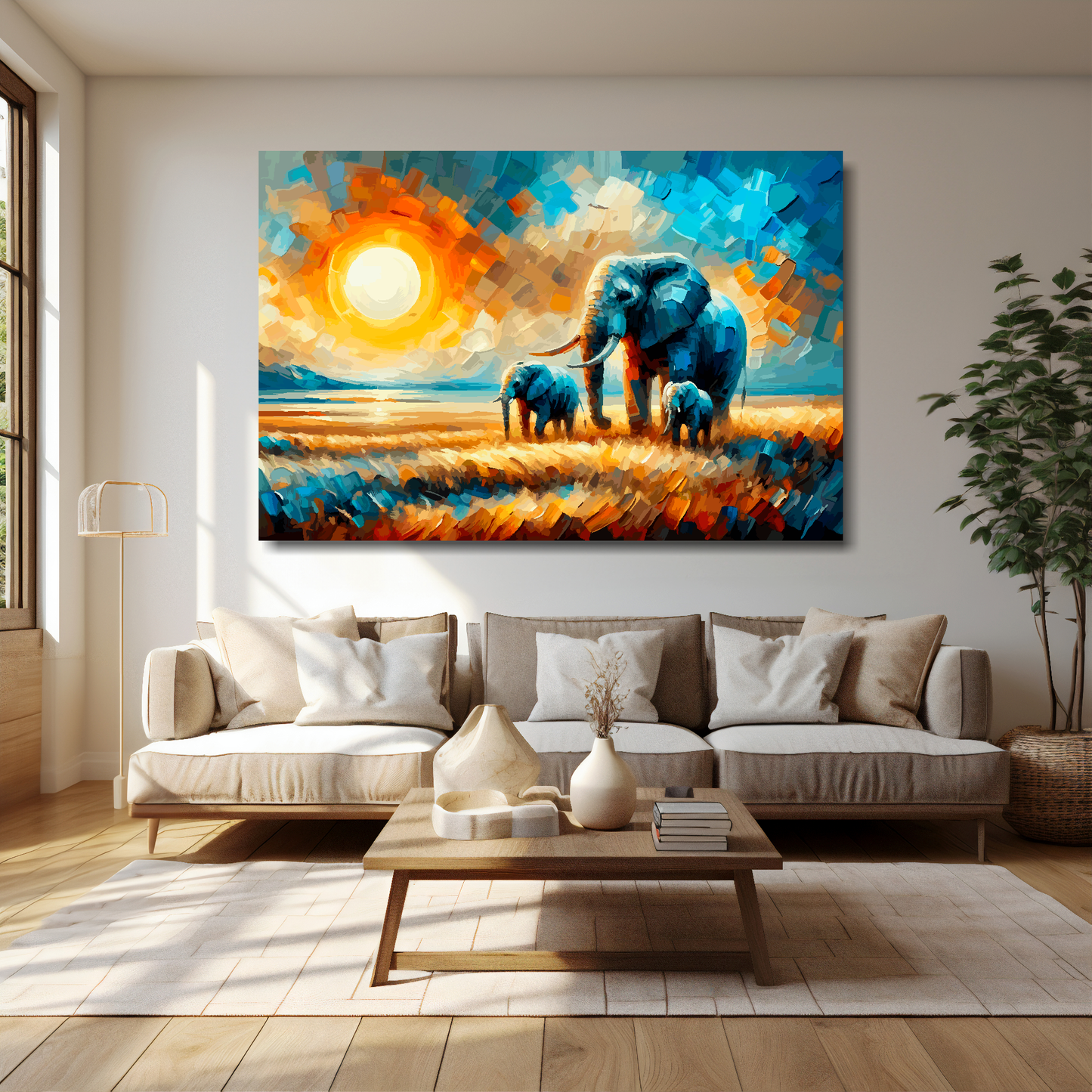 Elephant family canvas 60x40 inches above cream sofa - XL vibrant wildlife wall art UK