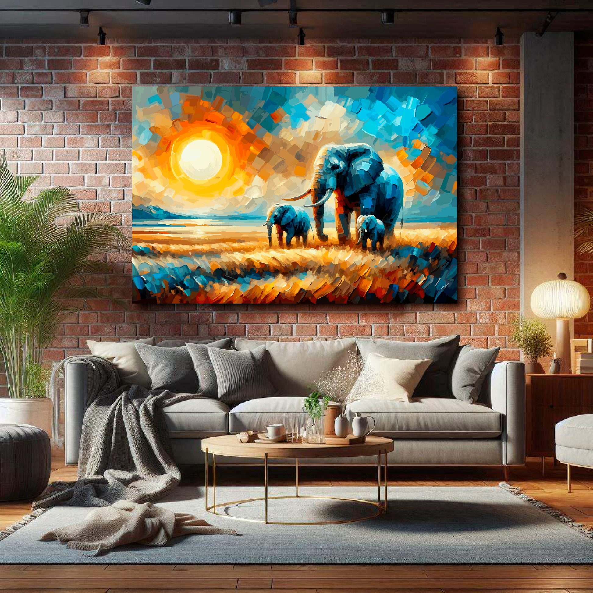 Large elephant family canvas on brick wall above grey sofa - bold wildlife art UK living room