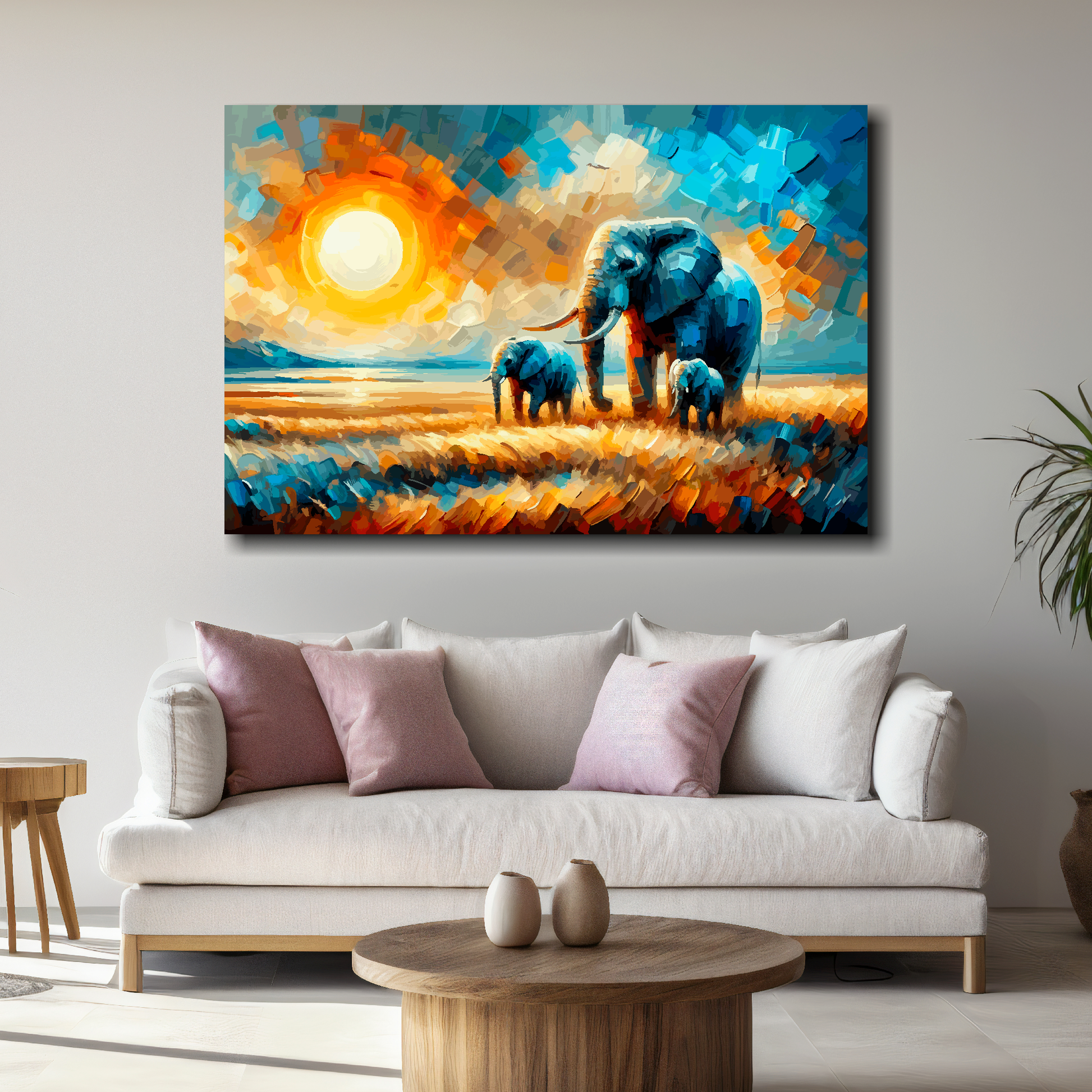 Large elephant family canvas above white sofa - vibrant abstract wildlife wall art UK