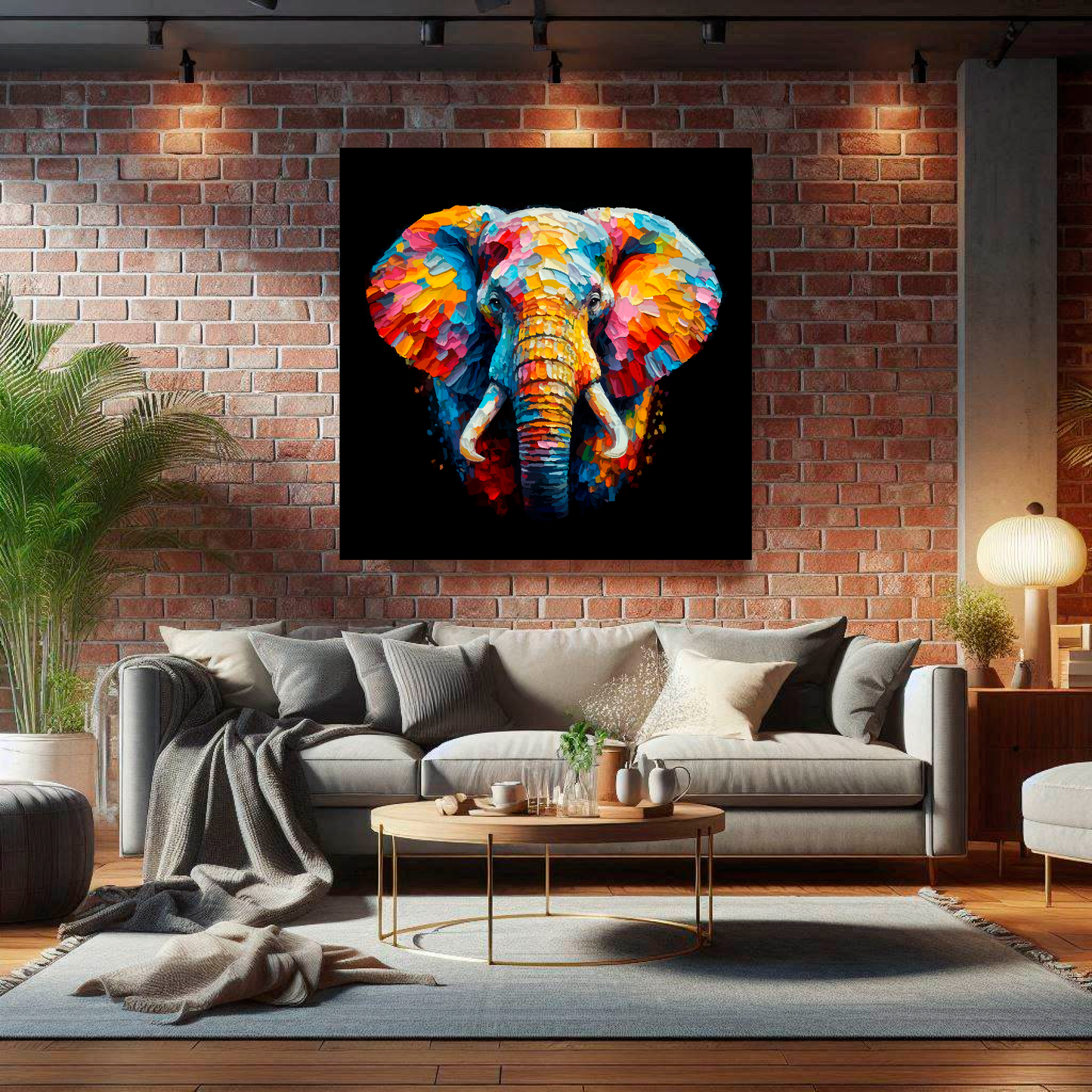 Large Elephant canvas on brick wall above grey sofa - bold wildlife portrait UK living room