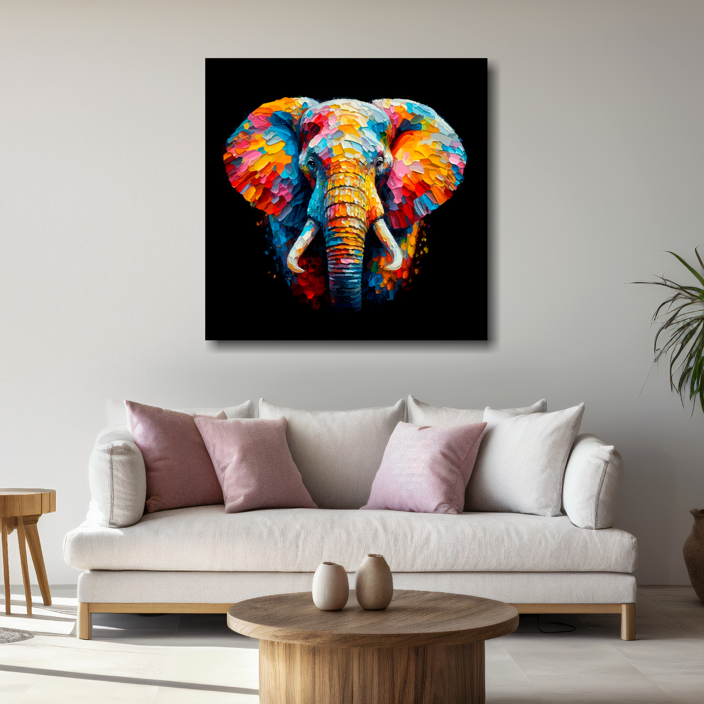 Large Elephant canvas above white sofa - vibrant abstract wildlife portrait wall art UK