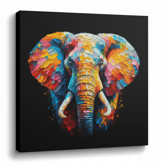 Colourful Elephant wildlife portrait canvas print - UK made abstract animal wall art black background