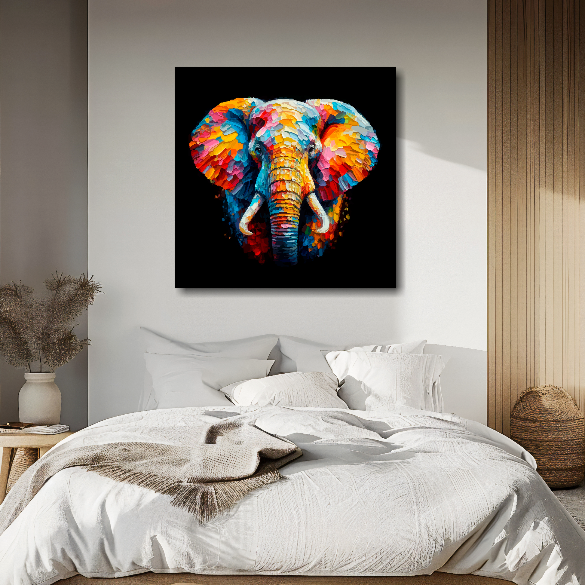 Elephant portrait canvas above bed - colourful wildlife wall decor for UK bedrooms