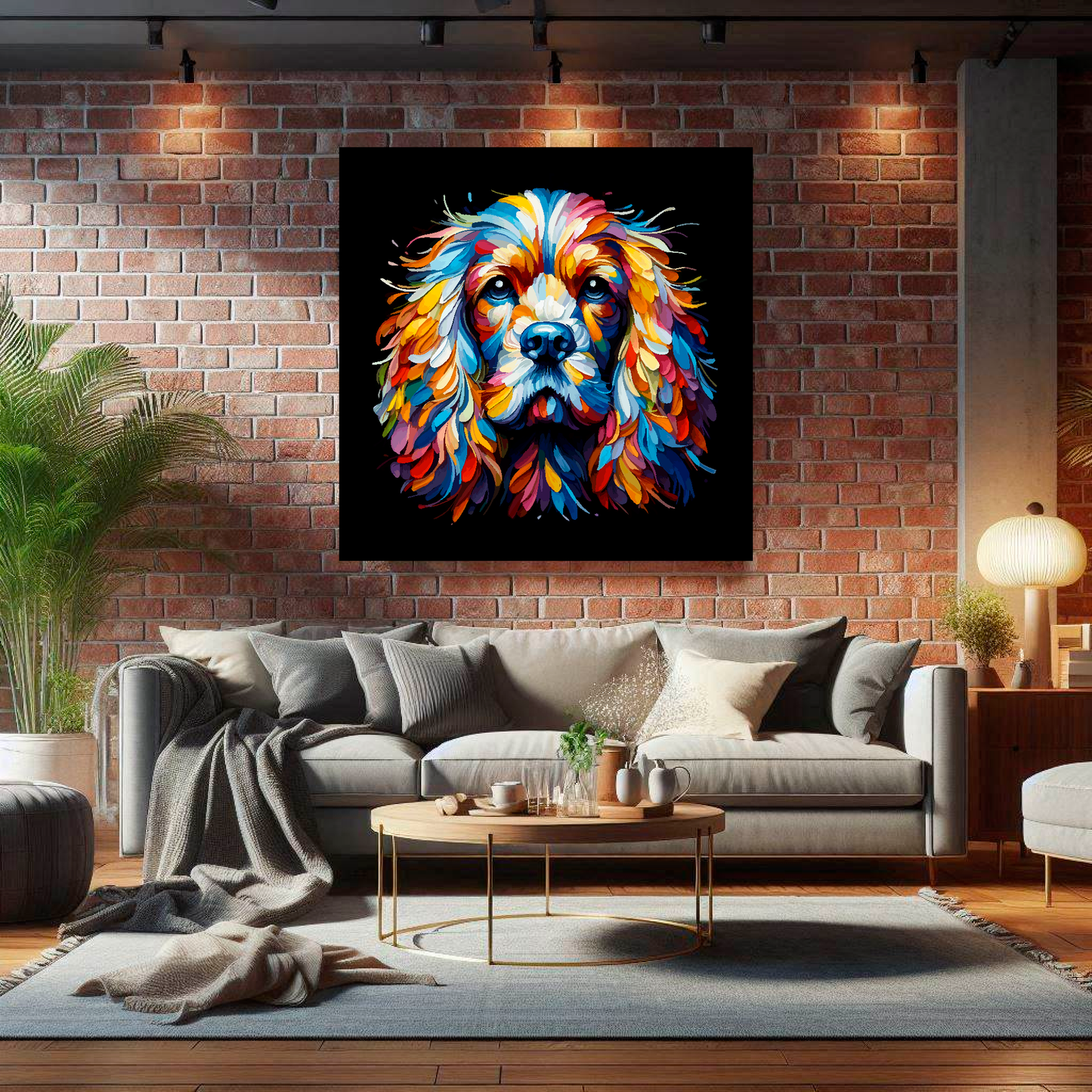 Large English Cocker Spaniel canvas on brick wall above grey sofa - bold dog portrait UK living room