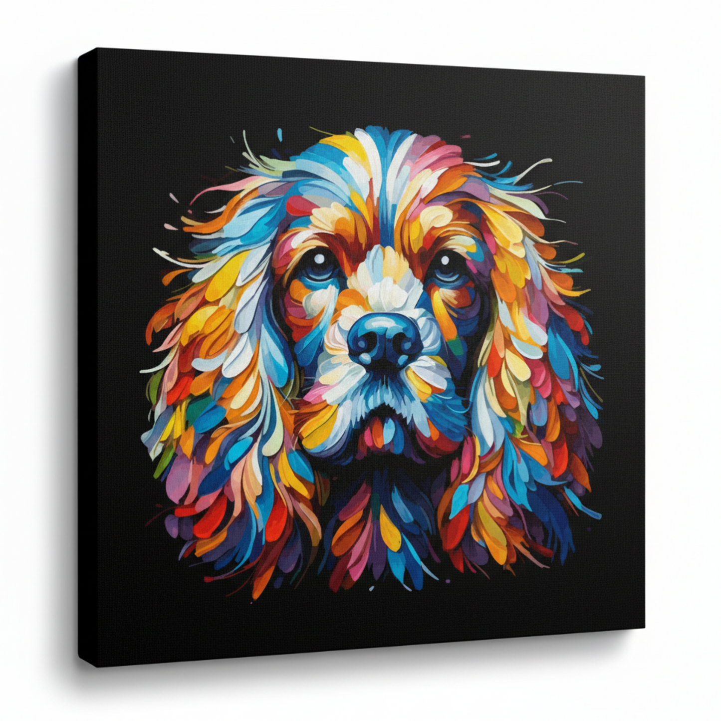 Colourful English Cocker Spaniel dog portrait canvas print - UK made abstract pet wall art black background