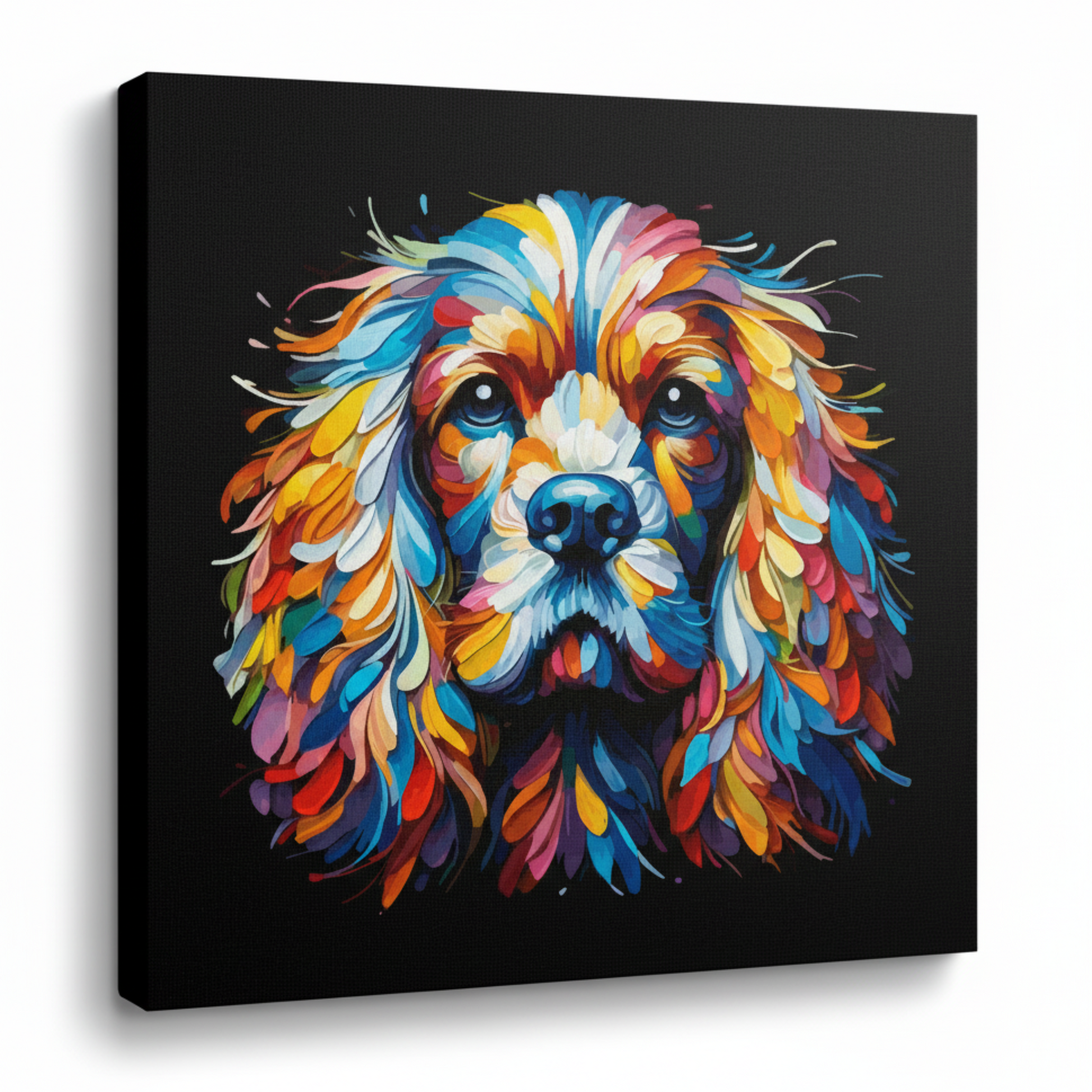 Colourful English Cocker Spaniel dog portrait canvas print - UK made abstract pet wall art black background
